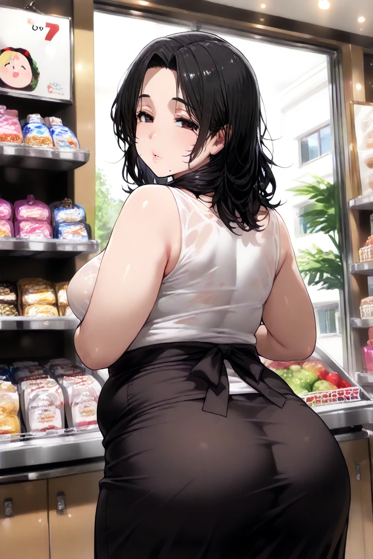 high quality,best quality,masterpiece,(((house wife))),28years old,young face,milf,black short bob hair, bangs,perfectly detailed black eyes,large breasts,large ass,curvy,wearing black sweater tops,oversize sweater,more young face,((bottom body wearing only thong)),stick out your butt,at supermarket
