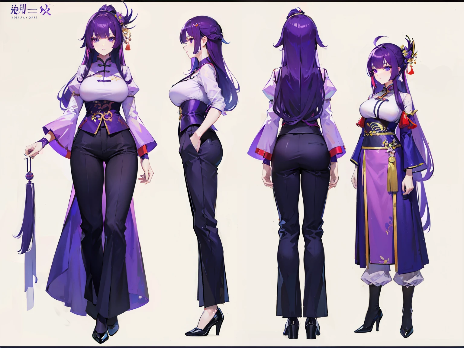 ((Masterpiece, Highest quality)), Detailed face, character design sheet, full bodyesbian, Full of details, frontal body view, back body view, Highly detailed, Depth, Many parts, Muscle boy with long purple hair with long bangs,handsome man, muscle body, white outfit male gods, man tall