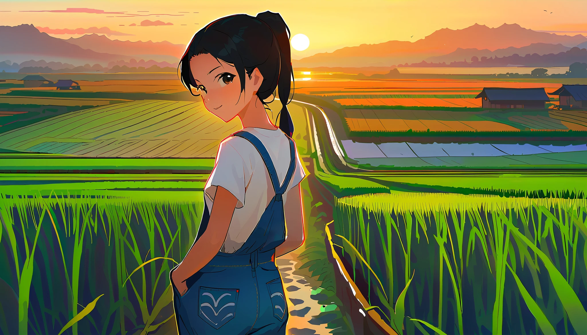 Looking back and smiling, black hair in a ponytail, black eyes, denim overalls, white T-shirt, rice paddy path, village at sunset, background blurred