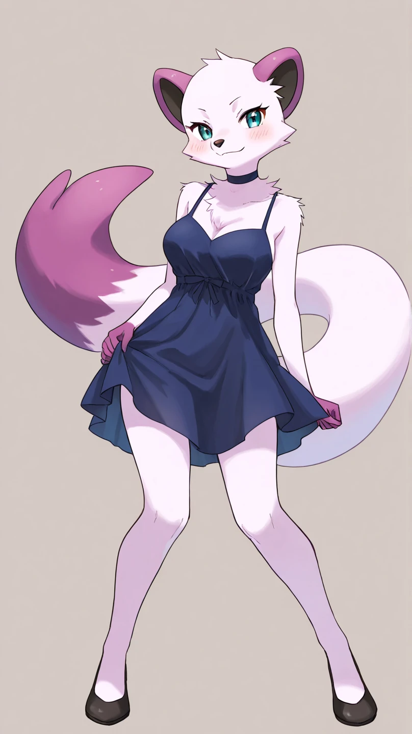(masterpiece, best quality:1.2)((silver white hair))((violet eyes)),solo,1girl,((eyes tilted outwards)), ((standing_fox_ears)),((fluffy_fox_tail)), milf ,averting_eyes,hair_between_eyes,basic_blue_hairpin,blue_nail_polish,bob_hair,short_hair, (medium breasts), blue_girly_clothing, (reference image from the side)