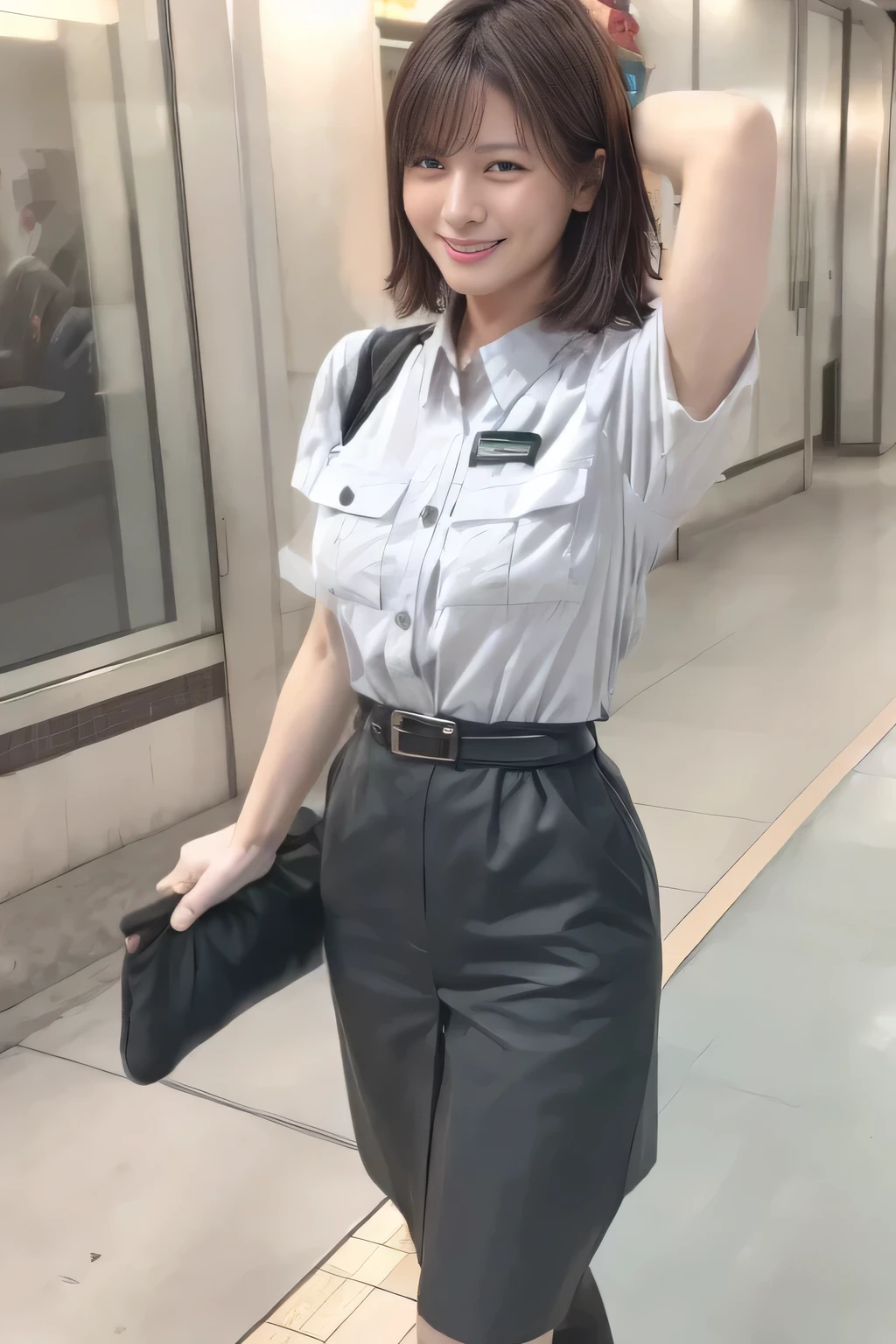 ( Masterpiece:1.2, TOP QUALITY :1.2), 32kHDR, high resolution、( Daytime building roof 、 professional lighting on the head)、Building rooftop background、( Tokyo subway woman crew uniform )、( Tokyo subway woman crew uniform blouse short sleeve 、 above knee culotte skirt、 waist belt )、(Long brown hair )、( bundles hair )、 thin legs、(( amazing hands:2.0)),((harmonious body proportions:1.5)),((Normal limbs:2.0)),((The usual :2.0)),(( Delicate Eyes:2.0)),((Normal eyes:2.0)))、(Tokyo Subway woman crew uniform above knee culotte skirtを見せた美しい立ち姿) 、 with their hands crossed under their bodies 、 smile