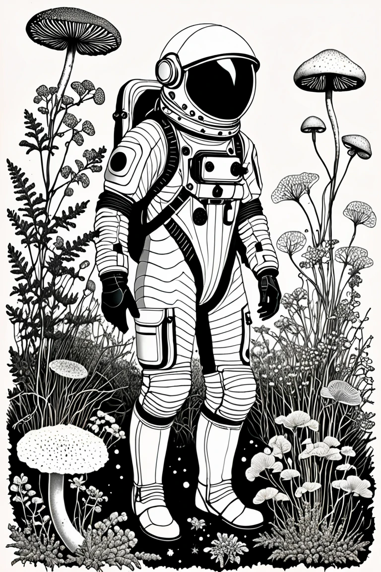 Graphite and Ink - Interstellar Flora Explorer, Picture an alien character with petals for skin and roots for limbs, exploring a celestial garden filled with otherworldly flowers and plants. The garden is alive with vibrant, intricate flora that seems to pulsate with energy. The alien is depicted collecting samples, its every movement creating ripples in the atmospheric energy around. The scene is detailed with the precision of graphite and the boldness of ink, showcasing a harmonious blend of nature and the unknown.
<lora:fractal-art.v1:0.8>