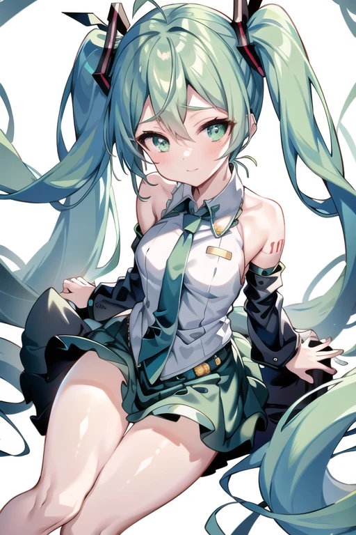 (masterpiece)), ((best quality)), ((Solo, Hatsune Miku)), Hatsune Miku, Long ponytail, vibrant hue, intricately designed hair accessories, fine detailed eyes with captivating expression, high resolution, best lighting, extraordinarily detailed illustrations, blushing cheeks, radiant smile, closed eyes in deep concentration, Realistic white School uniform with magenta ribbons, crotch seam, subtle camel toe effect, mic stand, music notes, stage, night, concert scene, NSFW, , pantyshot, Spread legs in a dancing pose, tank top, short skirt.