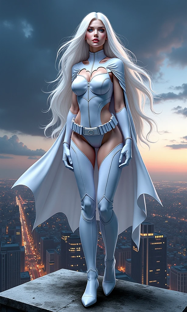 (Masterpiece, 4k resolution, ultra-realistic, very detailed), (White superhero theme, charismatic, there's a girl on top of town, wearing batman costume, she's a superhero), [ ((25 years), (long white hair:1.2), full body, (blue eyes:1.2), ((batman pose),show of strength, jumping from one building to another), ((sandy urban environment):0.8)| (cityscape, at night, dynamic lights), (full moon))] # Explanation: The Prompt mainly describes a 4K painting of ultra-high definition, very realistic, very detailed. It shows a superheroine at the top of the city, wearing a Spider-Man costume. The theme in the painting is a white superhero theme, the female protagonist has long white hair, is 25 years old and her entire body is shown in the painting. In terms of portraying the actions of superheroines, spiders are employed