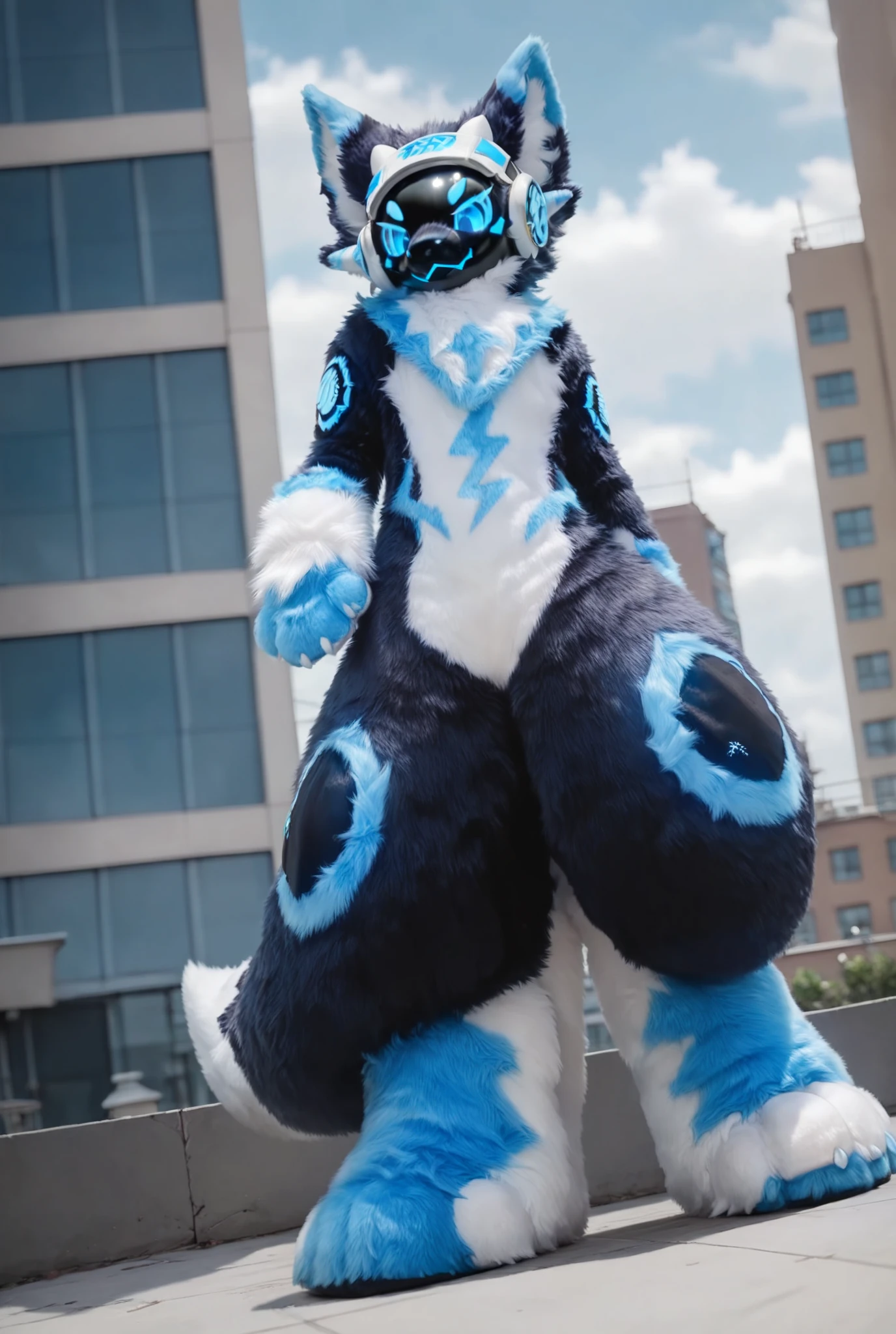 a close-up of a person in a furry costume on a rock, blue and purple fur, Fursuit, Full body with costume, furry character, Full body mascot, furry body, Fursuit!!!!, furry friendly monster, generic furry style, Dream Creature Costumes, the furry Fursuit is running, anthropomorphic character, Full body art, fantastic non-human character, purple alien