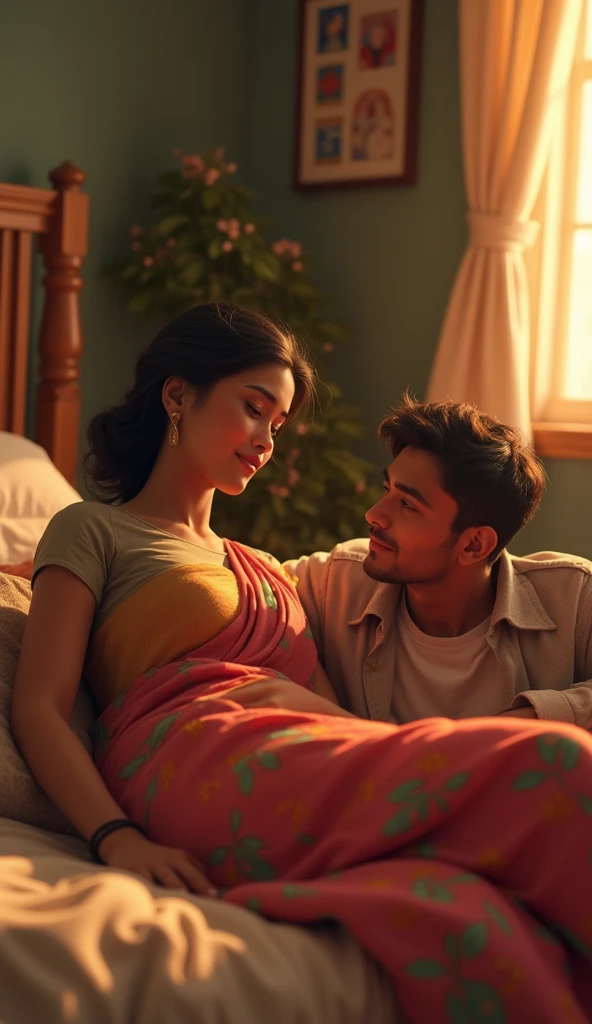 Man resting his head on his wife's lap while the wife in sitting position her back on bed head head board running her hand in his hairs, mens eyes closed, men sleeping, women in yellow saree , men in light yellow shirt and white pants , women's kissing mens forehead