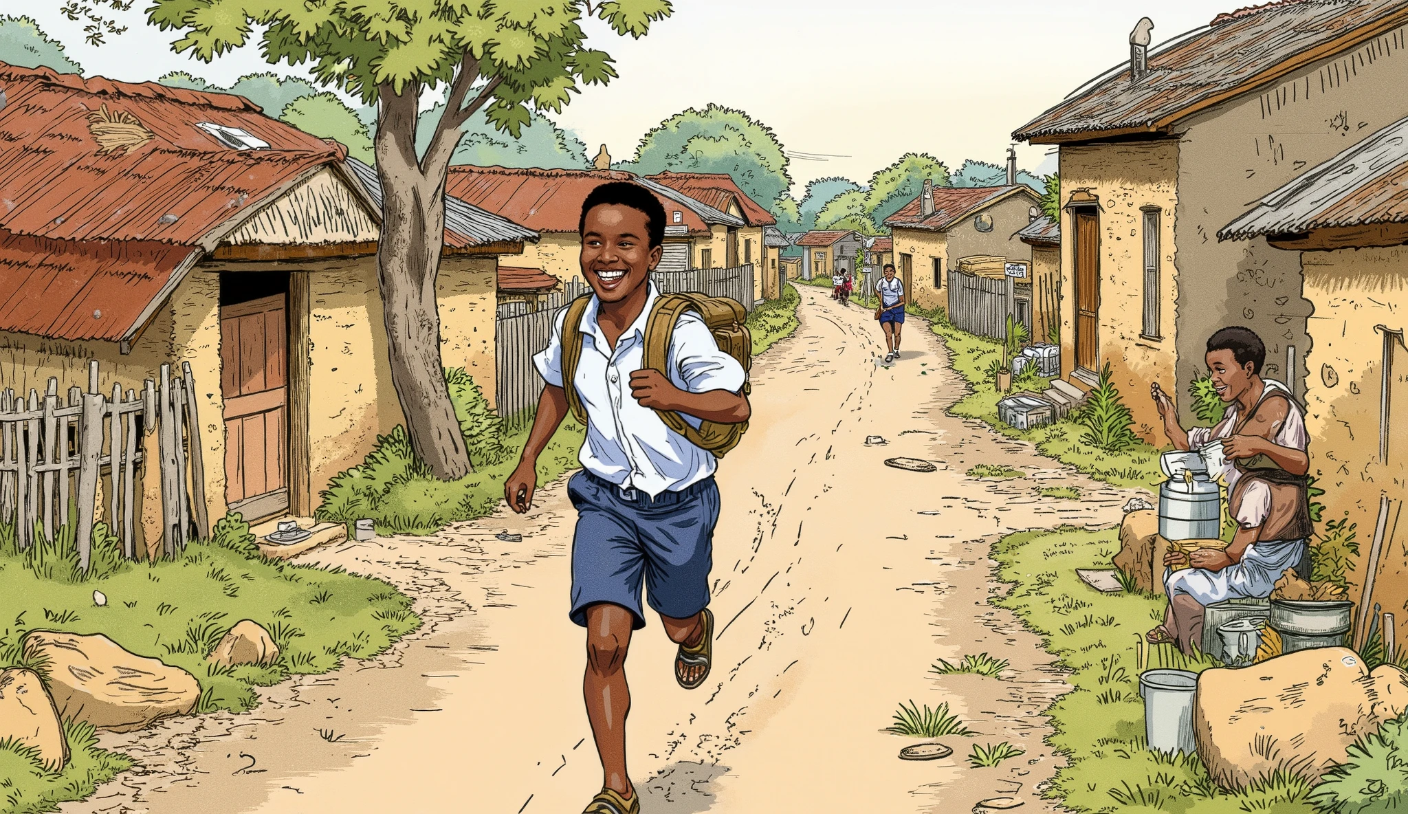"A joyful Nigerian boy, around , is running enthusiastically to school through a rural village. He wears a neatly pressed school uniform consisting of a short-sleeved light blue shirt and dark blue shorts. A well-worn but sturdy backpack is secured on his back, slightly bouncing with his movement. His feet are clad in brown leather sandals, slightly dusty from the earthy path beneath him. He has a bright, beaming smile, showing his excitement for the school day ahead.
The background showcases a charming rural Nigerian community with traditional mud-brick houses topped with rusty corrugated metal roofs. The narrow dirt path he runs on is lined with patches of green grass, small trees, and wooden fences. A few villagers can be seen in the distance, some engaged in daily activities like carrying water in plastic buckets, tending to small roadside stalls, or chatting under the shade of a tree. The early morning sun casts a warm golden light, creating long shadows and highlighting the texture of the landscape.
The scene captures the spirit of determination and hope, reflecting the importance of education in rural Nigeria."
book illustration, water colour traditional art style,