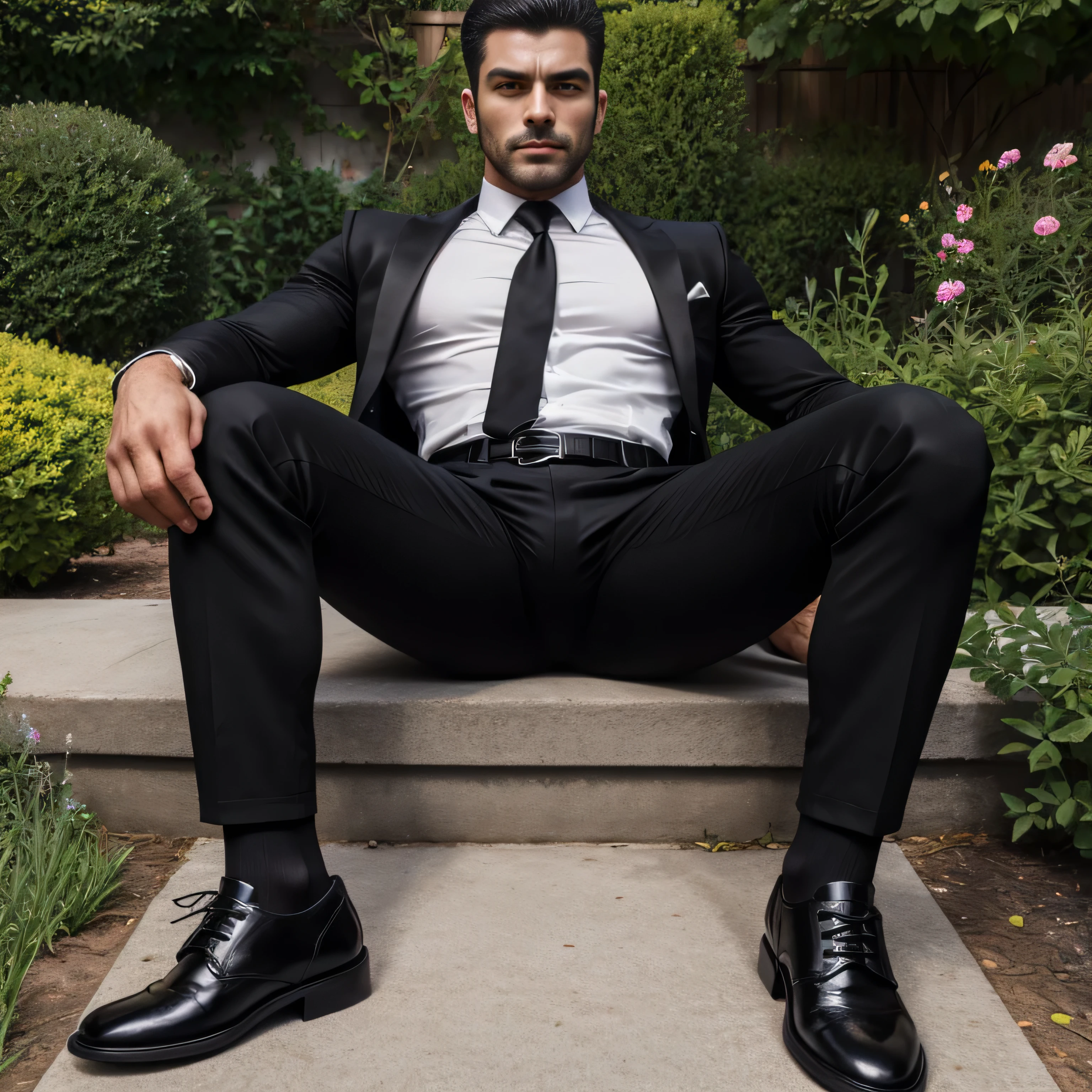 40 years old、handsome guy , One Man,、 muscularity、Ekin Mert Daymaz。 black shirt , black tie、 black slim pants 、Doğukan Polat 、garden、  on the lawn 、sit。 black shirt、 black tie、 black slim pants 、 upper body up　geff Bridges,　Front 　Menacing look　 black belt　 black gloves　 as seen from below。　Menacing look　 upper body up　Black socks