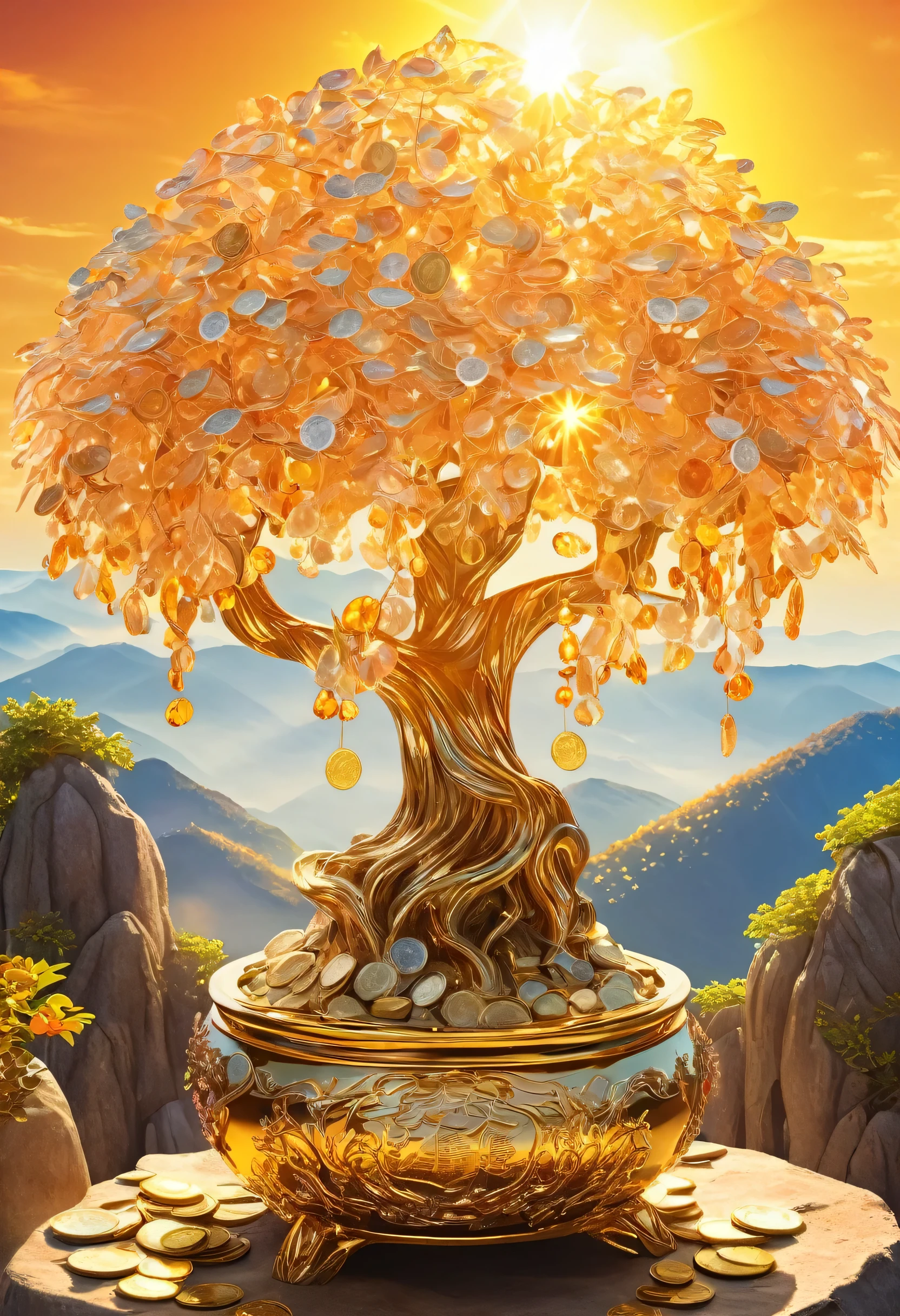 ( masterpiece, highest quality:1.2), The crystal cash cow on the top of the mountain,The sun shines on the cash cow ( ((Sunset))),Bright and warm colors( ((充满阳光元素的 masterpiece)))(( highest quality)), (( intricate details ))( 8,000)