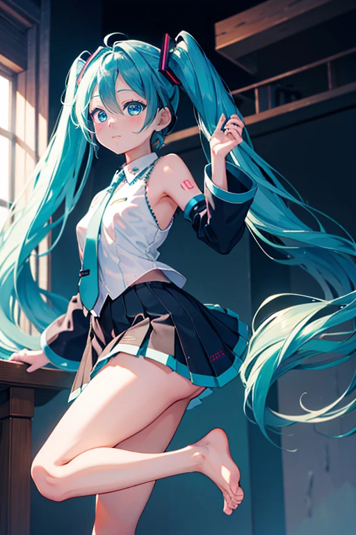 (1 girl),(high quality), (High resolution), (extremely detailed), (8K),(lower body shot),(Hatsune Miku is wearing panties under her transparent school uniform and navy short pleated skirt.),(wearing black knee-high stockings)not wearing shoes,perfect writing,(Beautifully erect nipple shape:1.2),High resolutionの美しい目,(neutral white lighting:1.2),Dancing in another world with strong winds