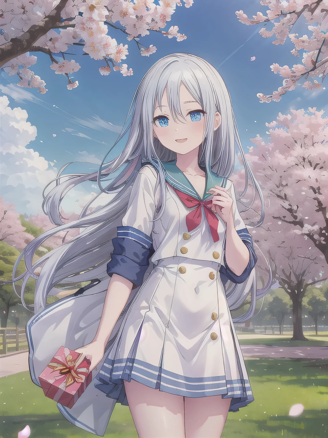 A stunningly beautiful 20-year-old woman stands in a lush green park full of cherry blossoms in full bloom under a clear blue sky. She is wearing a classic sailor uniform and holds a neatly wrapped gift box with a red ribbon in both hands in front of her chest. The box is small, wrapped in decorative paper, and tied with a bow. She looks very happy, with a radiant and joyful expression.A stunningly beautiful 20-year-old woman stands in a lush green park full of cherry blossoms in full bloom under a clear blue sky. She is wearing a classic sailor uniform and holds a neatly wrapped gift box with a red ribbon in both hands in front of her chest. The box is small, wrapped in decorative paper, and tied with a bow. She looks very happy, with a radiant and joyful expression. White hair, long hair, blue eyes.