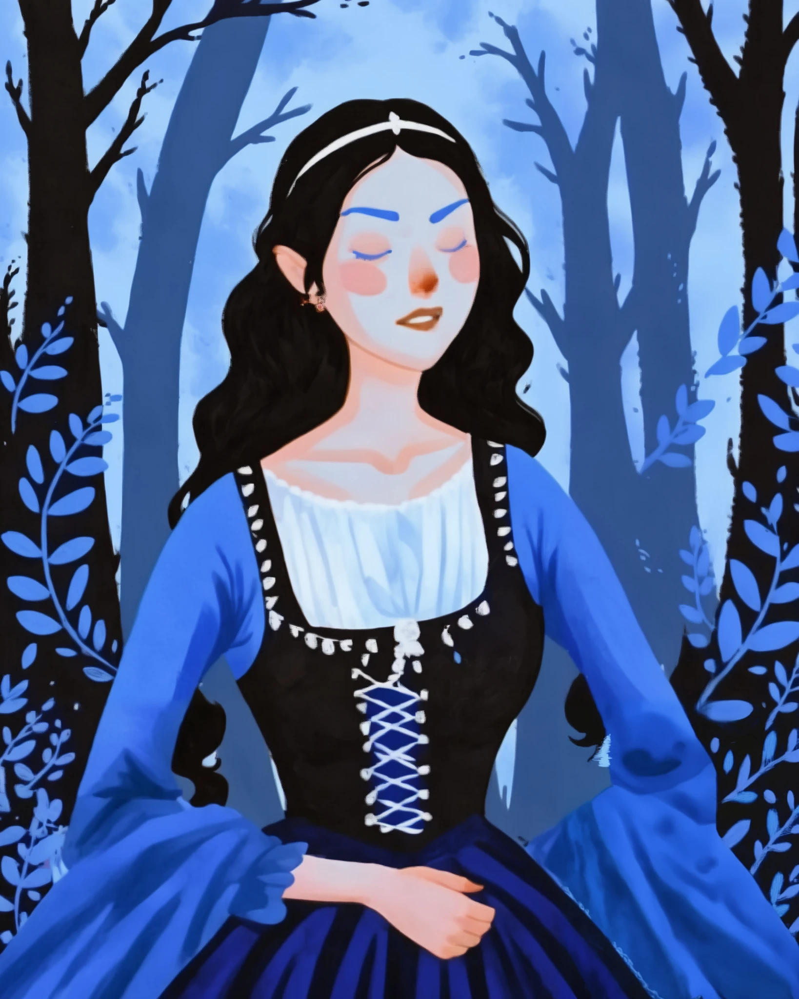 2D ART, hyper detailed gouache painting, illustration, gougoupaintleaves style:1.5, Expressiveh, 1girl, solo, close half body shot, standing in a dark forest, posing, bored, relaxed body pose. vibrant blue leaves and wild flowers, blushing, half smile, (medieval sleeping dress:1.5), [score_9, score_8_up, score_7_up, score_6_up, score_5_up, score_4_up], dumner