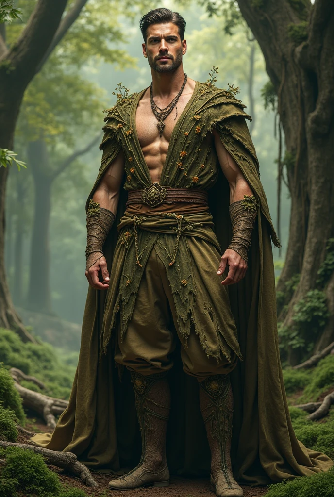 Pujiyanto, the Guardian of the Sacred Grove, is a figure of rugged strength and gentle grace. His dark, thick hair falls to his shoulders in untamed waves, and his rich emerald green eyes sparkle with the wisdom and vitality of the forest. His sun-kissed, earthy-toned skin speaks of countless days spent under the canopy of leaves, and his muscular build is honed by years of physical labor and combat training, yet he moves fluidly and quietly, like a predator in its natural habitat. He wears garments woven from sacred plant fibers, dyed in deep greens and browns, and a cloak made from the leaves of the oldest tree in the grove, offering both camouflage and protection. Tribal tattoos adorn his arms and neck, each symbol telling a story of his ancestors and their bond with the forest. He carries a staff carved from an ancient oak, imbued with magical properties, and a belt adorned with pouches of herbs and potions, embodying his role as a protector and healer. By his side, an otter, his faithful familiar, symbolizes his deep connection to nature and serves as both companion and guardian.