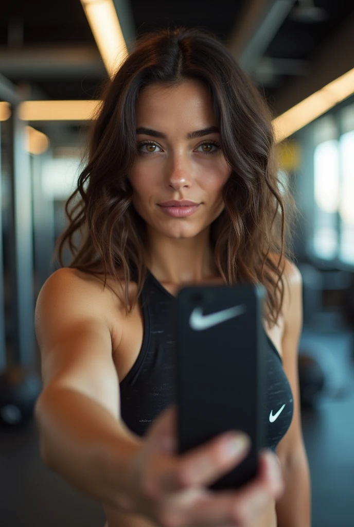 2 muscular brown camel girl with a young face, taking a selfie with a short t-shirt with Nike detail