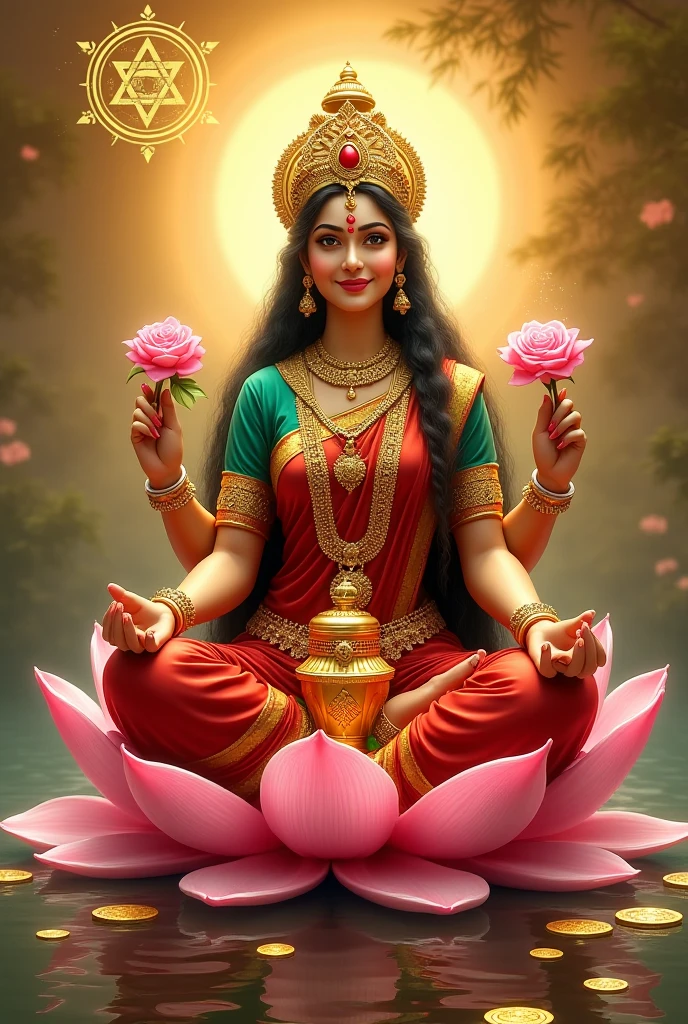 Indian goddess shiddidatri four hands seated in a lotus eyes open red saree
