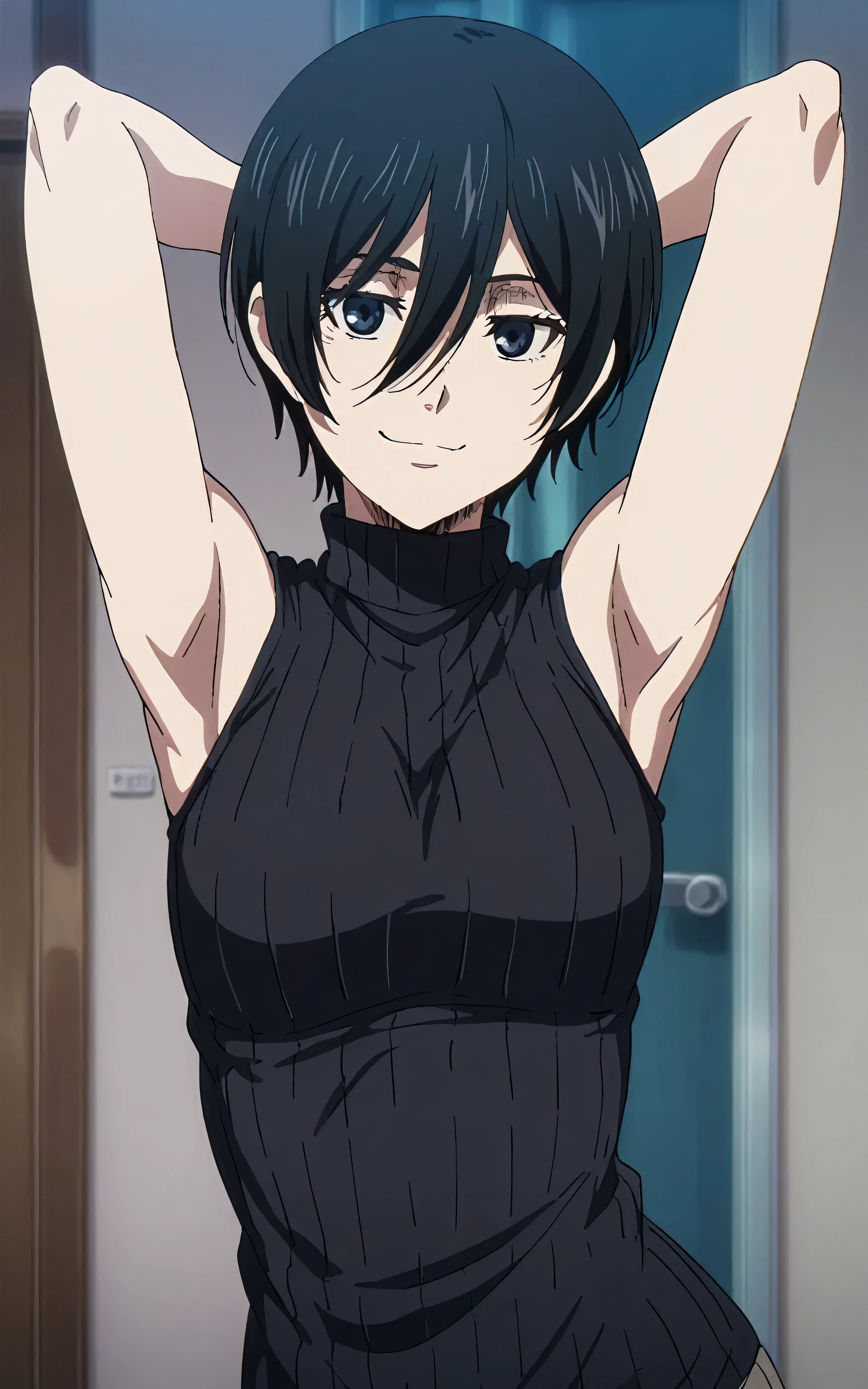 masterpiece, best quality, amazing quality, anime screencap, 1girl, solo, mikasaIL, short hair, hair between eyes, black hair,black eyes, black sweater, sleeveless sweater, ribbed sweater, turtleneck, sleeveless, bare shoulders, bare arms, arms behind head, armpits, head towards viewer, looking at viewer, smile, closed mouth, indoors 