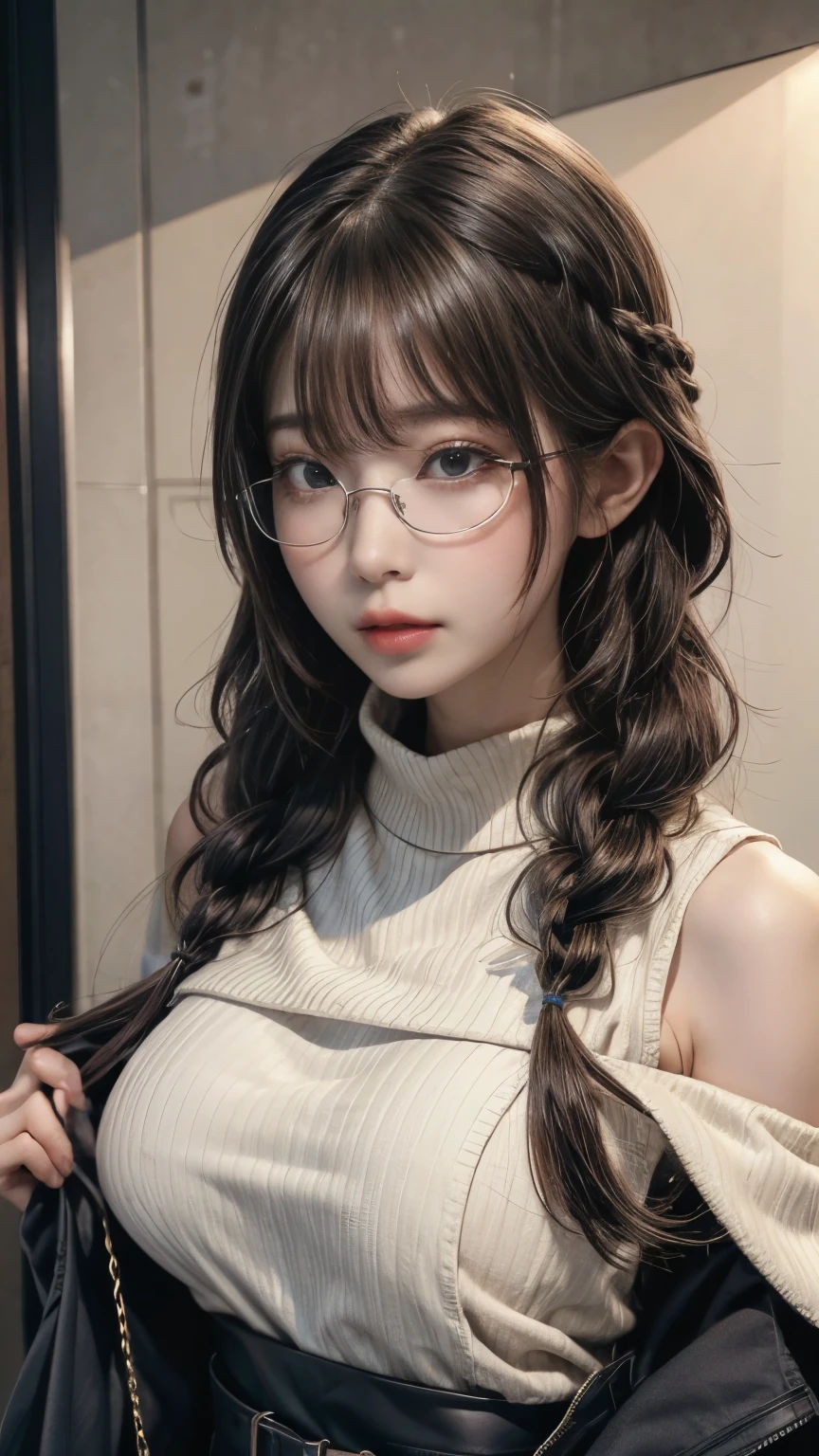 masterpiece,glasses, busty, school, Best quality at best, high qulity, OLGA_mary, black hair, twintail hair, hair between eye, (nude), Very long hair.