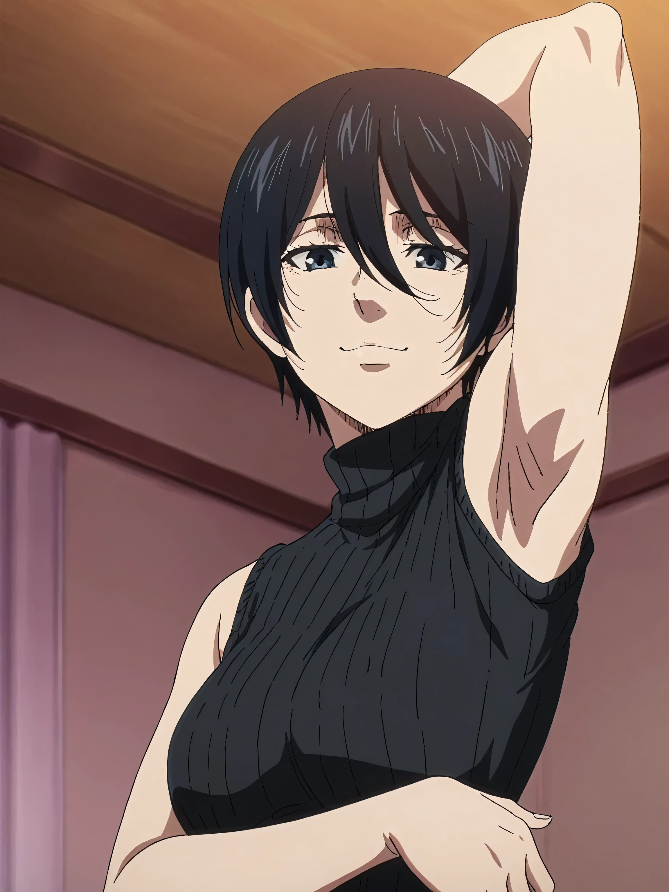 masterpiece, best quality, amazing quality, anime screencap, 1girl, solo, mikasaIL, short hair, hair between eyes, black hair,black eyes, black sweater, sleeveless sweater, ribbed sweater, turtleneck, sleeveless, bare shoulders, bare arms, arm behind head, armpit, head towards viewer, looking at viewer, smile, closed mouth, indoors, from side, from below 