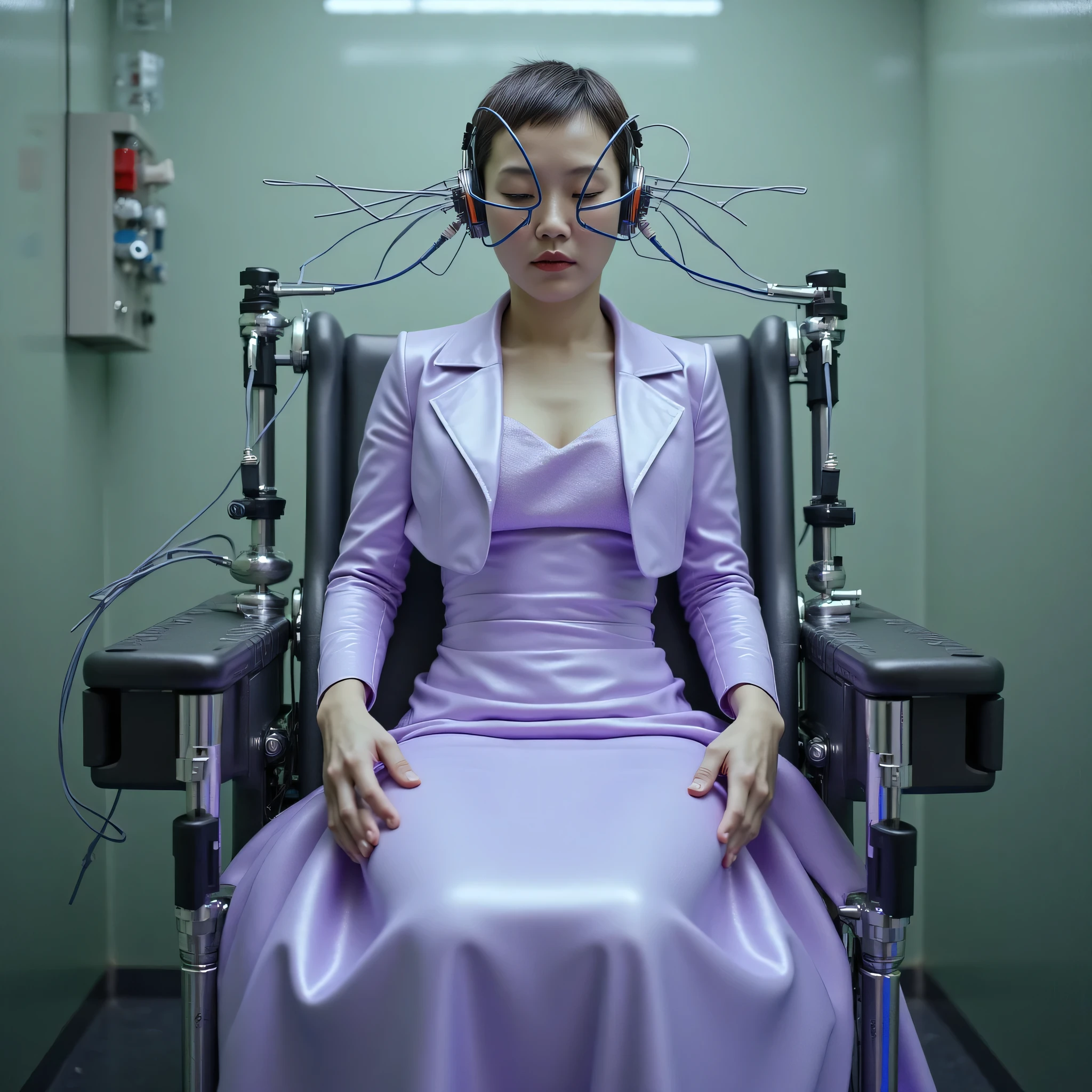 8k, A Korean man had surgery to change his body from male to female, his body is completely female, he has big breasts like a woman, but his face is not changed and still looks like a man, His hair is still manly and short, manly short hair, he is wearing a mother's fancy dress costume, Mother of the Bride Dress Outfit, long sleeve mini cropped jacket, light purple, tight long skirt, He sits upright in a special chair with complex electrical equipment, Being brainwashed, He is wearing a special helmet with multiple electric cords connected to it, Being brainwashed, brainwashing electronics attached to head, expressionless, eyes closed