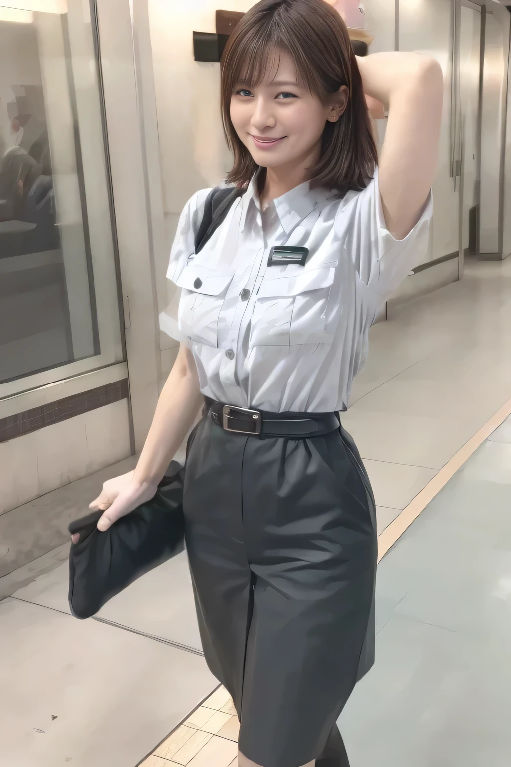 ( Masterpiece:1.2, TOP QUALITY :1.2), 32kHDR, high resolution、( Daytime building roof 、 professional lighting on the head)、Building rooftop background、( Tokyo subway woman crew uniform )、( Tokyo subway woman crew uniform blouse short sleeve 、 above knee culotte skirt、 waist belt )、(Long brown hair )、( bundles hair )、 thin legs、(( amazing hands:2.0)),((harmonious body proportions:1.5)),((Normal limbs:2.0)),((The usual :2.0)),(( Delicate Eyes:2.0)),((Normal eyes:2.0)))、(Tokyo Subway woman crew uniform above knee culotte skirtを見せた美しい立ち姿) 、 with their hands crossed under their bodies 、 smile