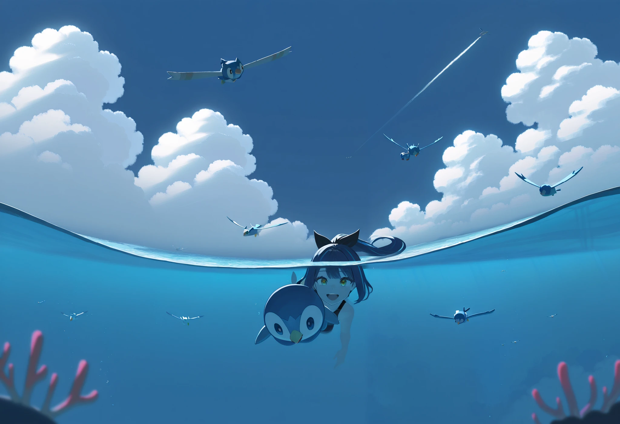 astero, scenery, pokemon \(creature\), best quality, amazing quality, very aesthetic, absurdres, best quality, masterpiece, newest, split view \(above and below water\), tropical ocean, clear blue water, bright sunlight, fluffy cumulus clouds, deep blue sky, soft lighting, vibrant atmosphere, underwater coral reef, floating Piplup, playful water Pokémon, Wingull flying in the sky, light reflections, dynamic composition, cinematic lighting, warm and relaxing feel, 1girl, Yellow eyes, dark blue hair, sidelocks, blue streaked hair, long hair, high ponytail, hair bow, black bow, smile,swimming, one-piece swimsuit, full body, barefoot
