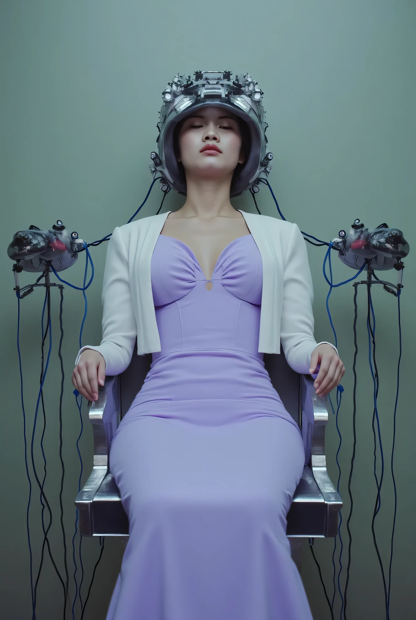 The image features a woman with striking pink hair styled in glamorous curls, lying on a futuristic, curved platform. She wears a pleated, coral pink dress and a sparkling necklace, enhancing her elegant appearance. Her makeup is dramatic, with deep pink shades that match her hair and dress, suggesting a very stylized or theatrical setting. She is surrounded by an array of vividly colored cosmetics and painting tools, emphasizing a creative or artistic theme. The overall composition combines elements of fashion and art, set against a minimalist purple background to focus attention on her and the array of colors around her. The purple background complements the costume, creating a vibrant and engaging scene. (glossy plastic texture with multiple big light probe refractions), perfect cgi, smooth silhouette, high intensity refraction, (super glossy plastic material), most beautiful vfx, , realistic, 4k, high resolution, rim light, smooth 3d model, multiple light sources, rim light, sharp post effects render,, realistic, 4k, high resolution, rim light detailed digital art, reflective, best quality, 4k, masterpiece:1.2, ultra-detailed, realistic, vivid colors, The image of the highest quality, ensuring every detail showcased perfectly. It in 4k resolution, allowing viewers to immerse themselves in the richness of the colors and intricate details. The realistic rendering. under the spotlight, reflecting, high-resolution image, realistic rendering
