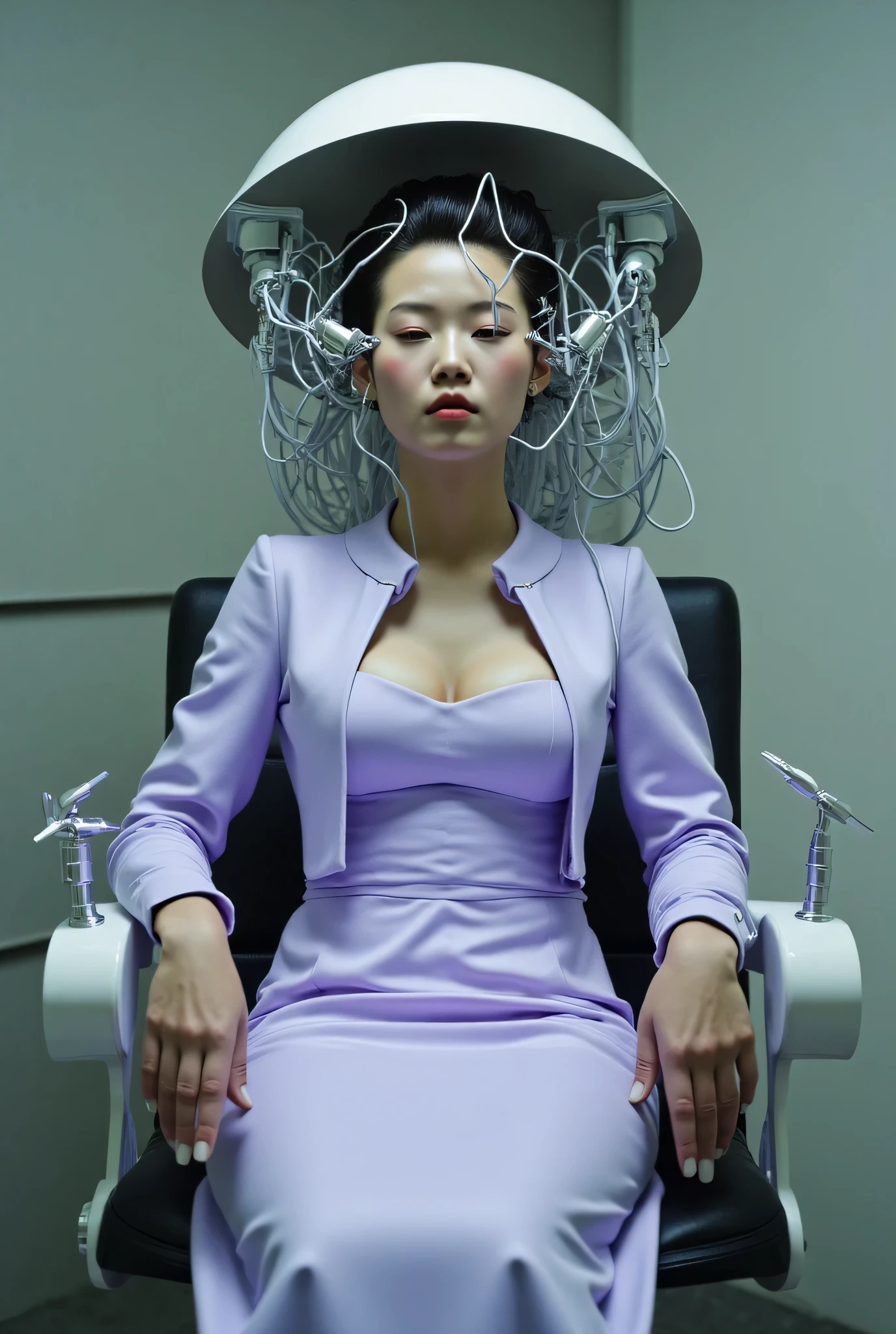 8k, A Korean man had surgery to change his body from male to female, his body is completely female, he has big breasts like a woman, but his face is not changed and still looks like a man, His hair is still manly and short, manly short hair, he is wearing a mother's fancy dress costume, Mother of the Bride Dress Outfit, long sleeve mini cropped jacket, light purple, tight long skirt, He sits upright in a special chair with complex electrical equipment, Being brainwashed, He is wearing a special helmet with multiple electric cords connected to it, Being brainwashed, brainwashing electronics attached to head, expressionless, eyes closed