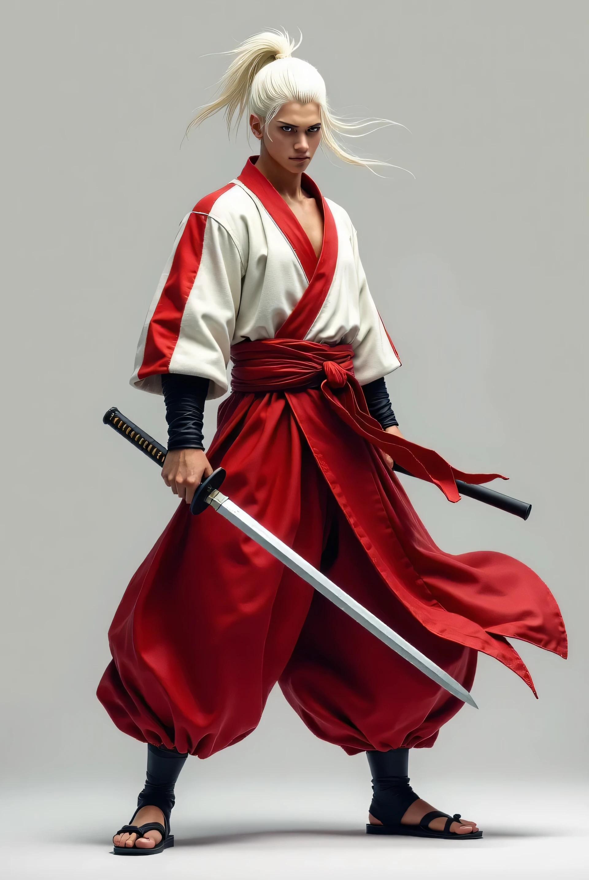 
"A highly detailed, photorealistic full-body depiction of a young, fierce man samurai warrior. The character has spiky white hair tied in a high ponytail with a few loose strands falling around their face, giving a wild yet stylish appearance. The warrior is standing in a dynamic attacking pose, looking straight ahead with piercing, intense eyes and a determined expression. He is wearing traditional samurai-inspired attire with modern touches: a white top adorned with bold red stripes on the sleeves, a red sash tied around the waist, and flowing red hakama-style pants. Black arm guards and sturdy, minimalist sandals complete the outfit. 

The character wields a sharp, gleaming katana in his right hand, its blade reflecting light subtly.  The flowing red fabric of his outfit emphasizes motion, as though caught in a sudden gust of wind. The background is a minimalist neutral gray to keep full focus on the character. The scene captures intensity, grace, and a heroic, battle-ready aura. Ensure precise textures, realistic lighting, and vivid details in both the clothing and weaponry."