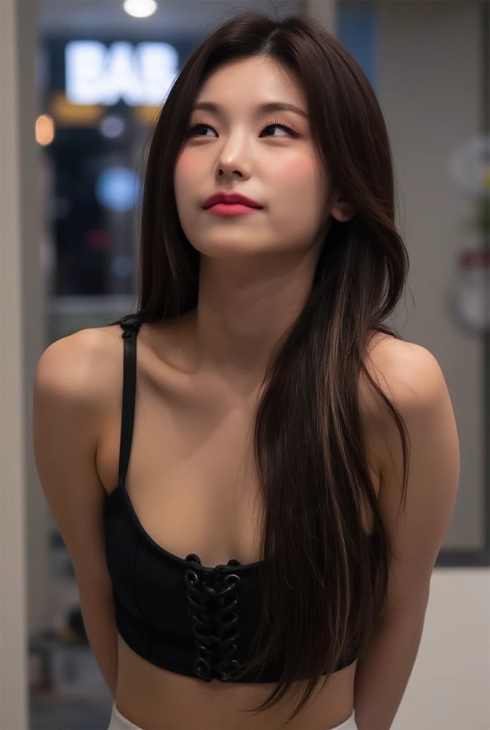 1girl, realistic, eye and face details, full lips, lipstick, (makeup), face hd, Asian woman with black hair, hip-length hair, long hair, coreana, asian features, young cute wan asian face, Ulzzang, asian face, a young Asian woman, asian,wonyoung, wonyoung IVE, black hair, long black hair, background, busty famele, girl with bangs, big, serious girl, big breast, thin clothing, seductive and erotic girl, small eyes, asian eyes, long hair, attractive girl (( pechos grandes )), 18 years, 22 years, korean, attractive, casual photo, casual picture, she is eating in a restaurant, restaurant, restaurant background, chill, asian eating, restaurant, restaurant background, restaurant date, pretty pose, night, night lighting, detailed restaurant, elegant restaurant, ( @for_everyoung10 ) ( for_everyoung10 ) , selfie, cute selfie, Ulzzang makeup, wonyoung  face