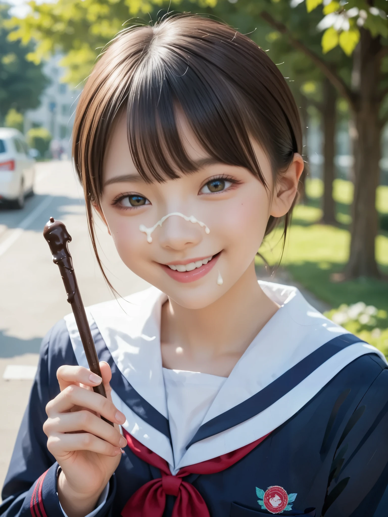 Licking a chocolate stick, nsfw, ites, lol seductive smile, japanese, Outdoors, school uniform, (cream on face:1.1),