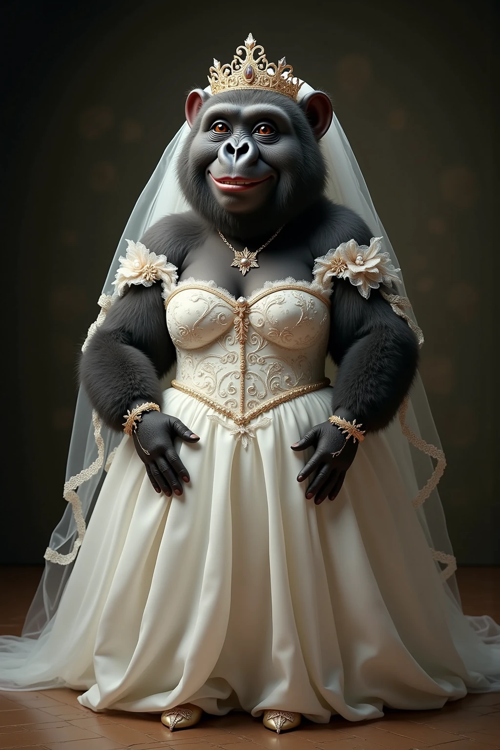 ((gorilla)), ((mega breasts)),((wearing wedding dress)) //(breast squeeze:1.3), (chubby:1.2), Photo realistic, High resolution, detailed background, detailed beautiful skin, detailed nose, (solo shot:1.23), (((nice hand, perfect hand))), clear eyes,//