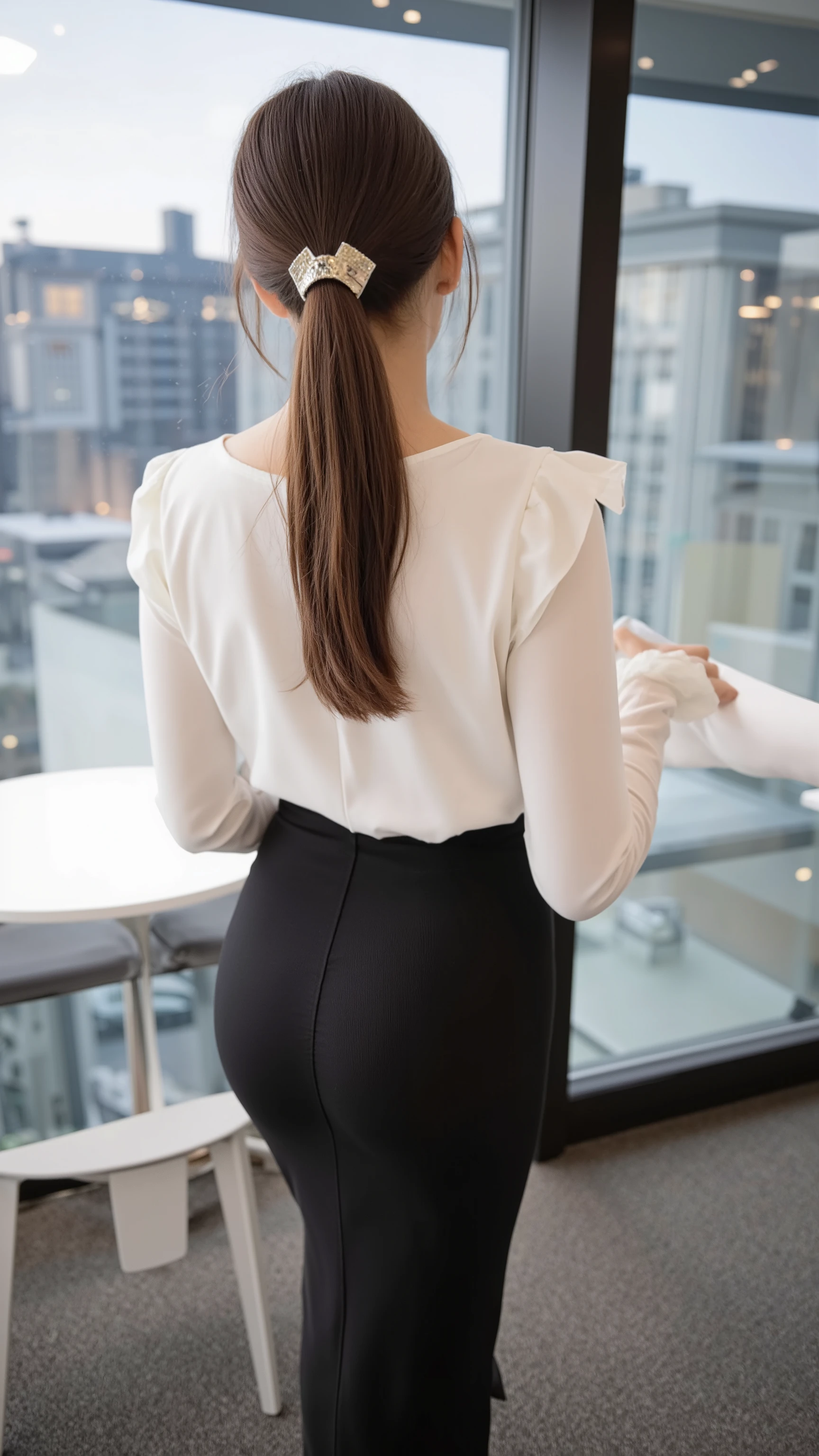 Tokyo Officeで仕事中の20歳代の女性がオフィス内で振り返る、Keep your long hair together with hair clips、Wear a white blouse with ruffles、The butt line is emphasized by wearing a tight mermaid-line long skirt、Photorealistic image showing the whole body with a composition seen from behind、(Tokyo Office:1.3、Outside the window is a night view)、(Back view)