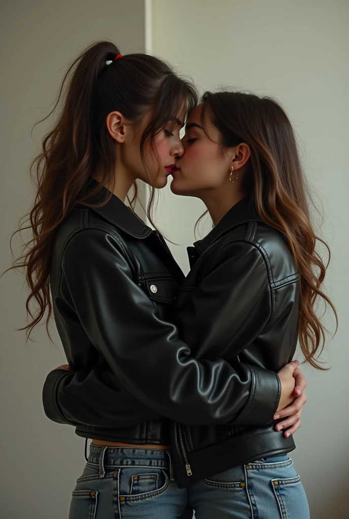Best quality, realistic, from the front in first person, On the street , (a female mexican Supermodel), (sexy blue leather jacket:1.1), split, seductive smile, (dark hair), (hairstyle:1.0), Perfect eyes, sharp parts, detailed face, face-makeup, cheeks turn red, Eyeliner, eyeshadow, lip gloss, Supermodel, (Deep Focus), (hard lighting), (Night time), (realistic lighting:1.0) (( two lesbians kiss and hug))
