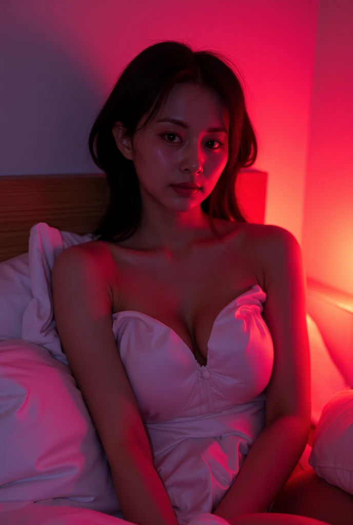 naked woman sitting on bed, Hug a big pillow、Small natural breasts hidden by pillow, Her cleavage was exposed, Looking at the audience, Full Body Shot, Cinema Lighting, Shine, neon,
