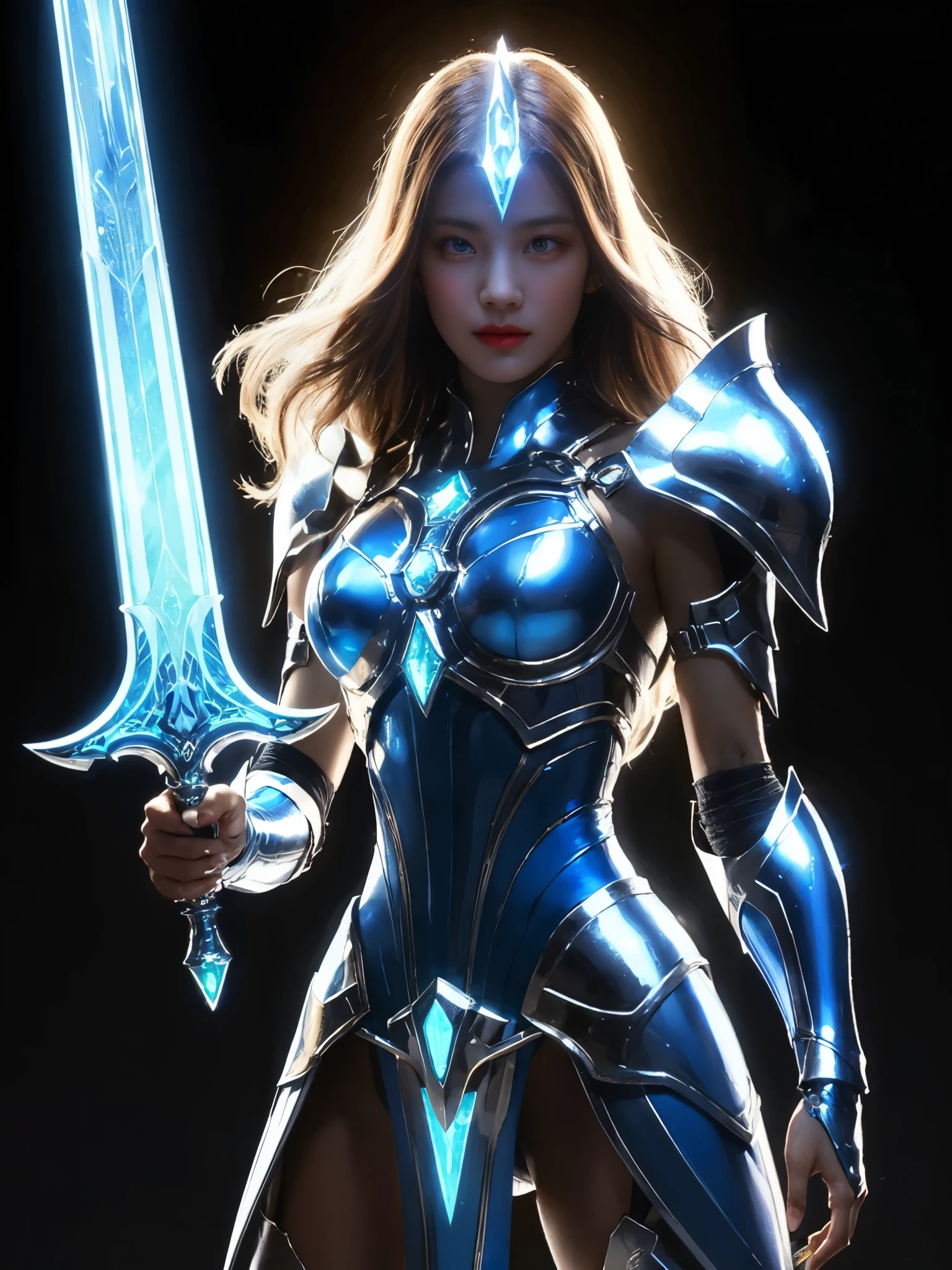girl, battle stance, holding sword, crystal sword, vibrant mystical glow, futuristic warrior, ornamented helemt, sleek blue-white design, aerodynamic lines, metallic details, magical alien tech origin, pulsating glow, long hair, looking at viewer, powerful, mysterious, dingdall effect,