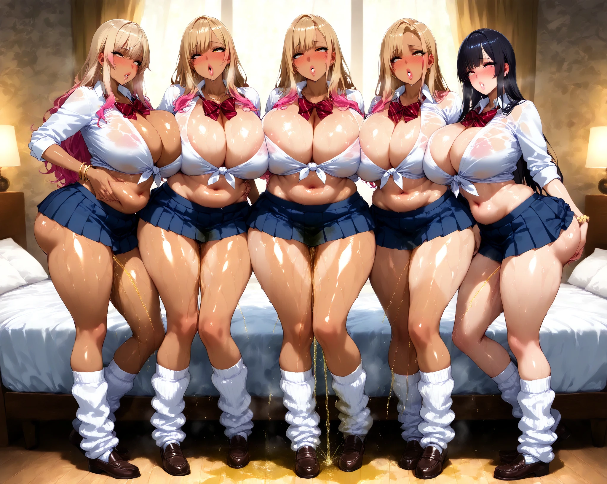 high school girl　Sailor suit　５People Women　Upper body naked、topless　 (((Her breasts are coming out of her uniform,Nipples visible)))　Big Breasts　Standing pose showing the whole body　Ultra Mini Skirt、Her pussy is sticking out of her pants　(((Pussy juice)))　Very delicate and beautiful, （Attractive sexy woman in suit）(thin,Slender body,slim,Tall Princess, Beautiful Eyes,A light smile,(masterpiece, Highest quality:1.2), High res, Very detailed CG Unity 8k wallpaper, Perfect lighting, colorful, Ultra-high res,4K,Very detailed, photograph, 8k, High resolution, ,Cowboy Shop