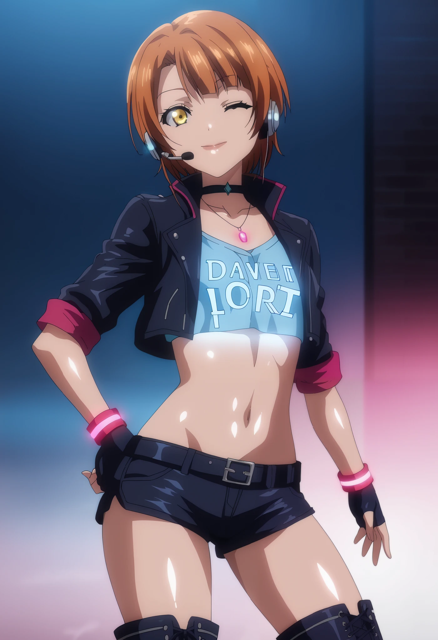 TRexStudio,source_anime, anime screencap,Shiny skin,dynamic lighting, detailed shading,moist skin, HENTAI , hoshizora rin, yellow eyes, pop haircut with blunt bangs,short orange hair,sexy wink, cowboy shot,front view, thighs , happy,Neon blue crop top with glowing circuit patterns, high neckline , sleeveles,Black leather jacket cropped with glowing pink accents,High-waisted black shorts,Thigh-high black boots with neon pink laces ,Fingerless gloves,Headset with red LED lights,choker with a small holographic pendant and a wristband,in street,detailed background,hand on hip, necklace