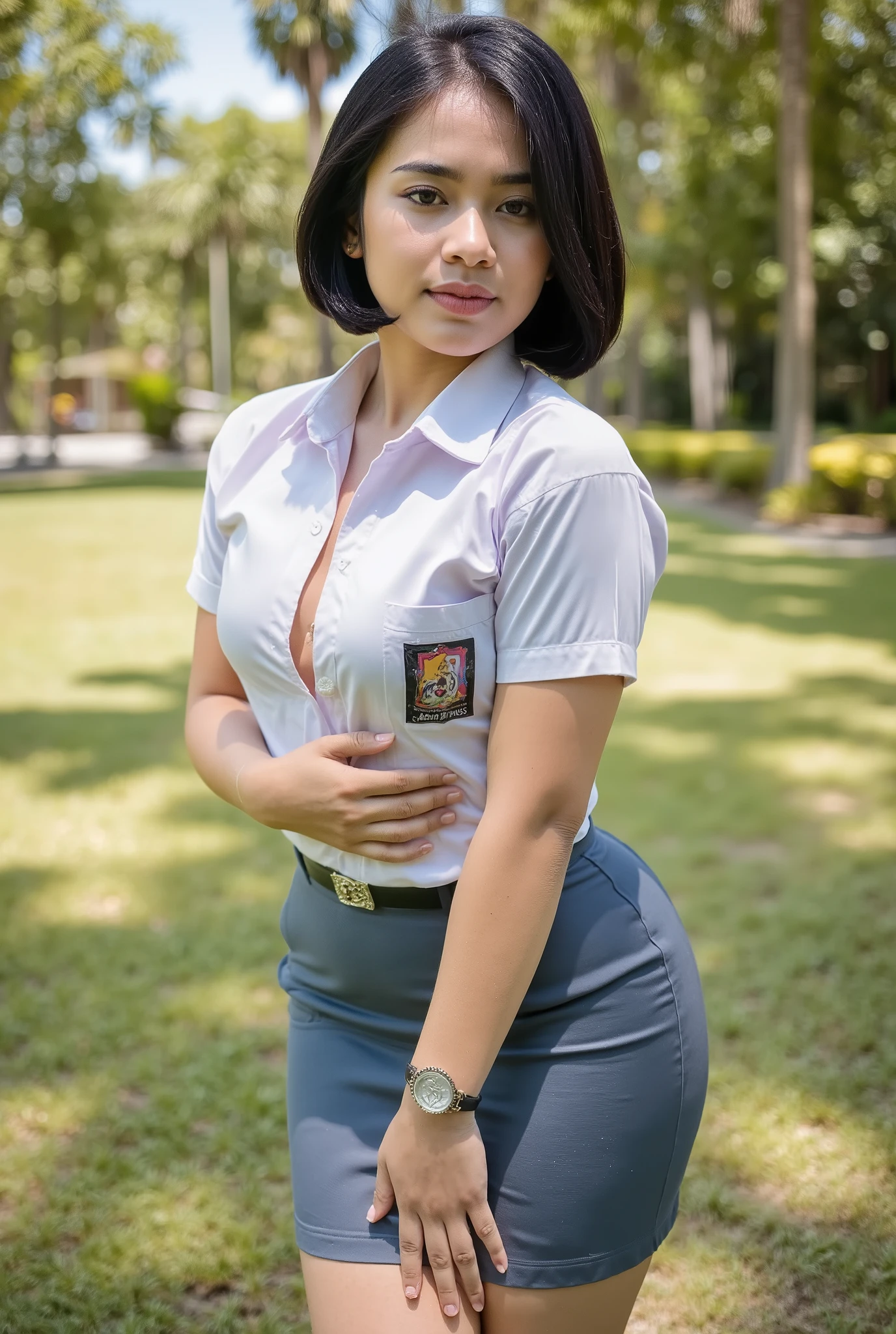 at the park, blurred background,, indonesian cute petite girl 19 years posing sexy, very tight mini skirt, very skinny, no make up, she squeeze her breast, she bend knees, erected and biting lips, she close her eyes, brown skin,huge breast, tight shirt, small figure, onlyfans, photo shoot, realistic, the shirt buttons is open, big boobs, very short hair, sweating, sweating, shot from aside, full body