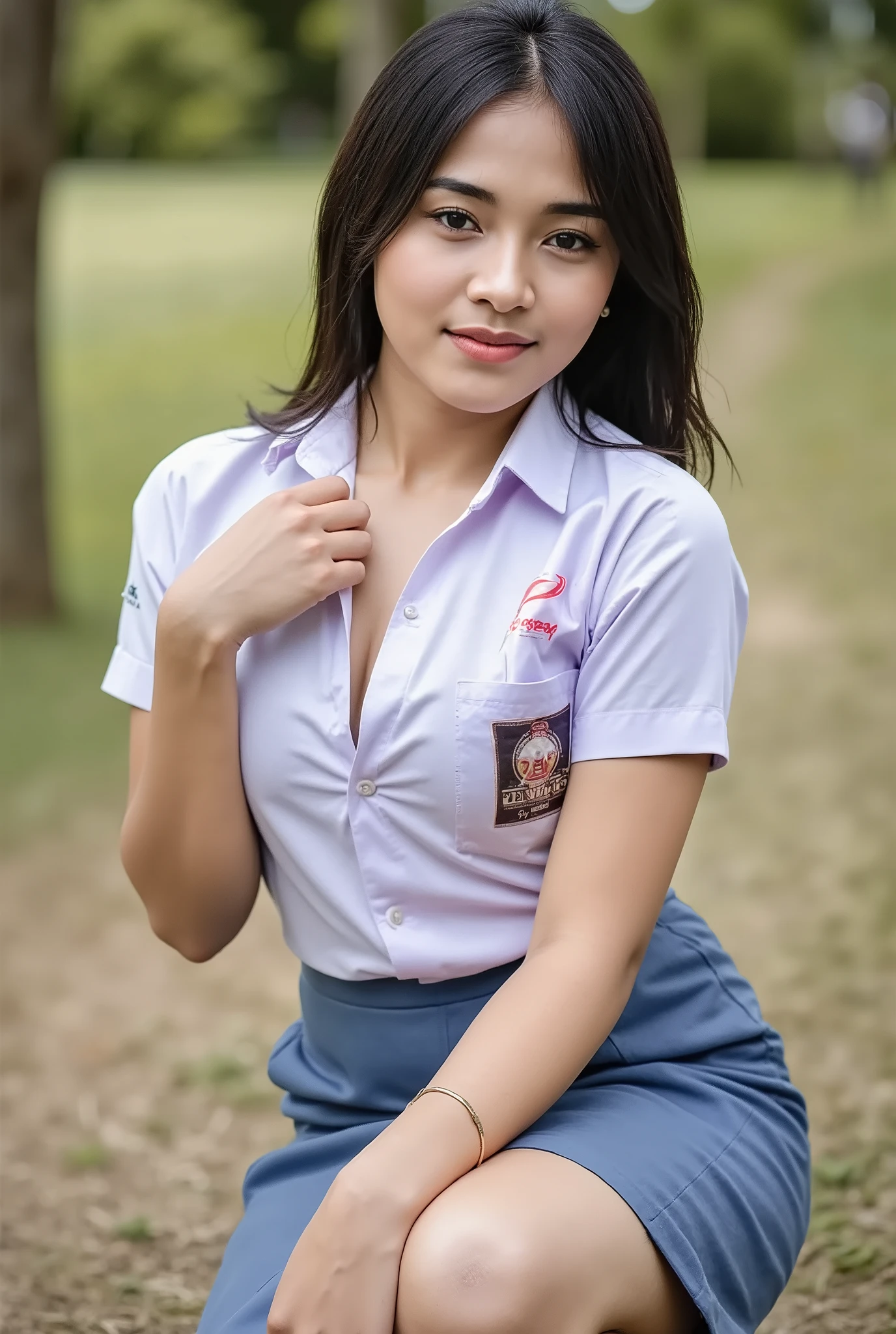 at the park, blurred background,, indonesian cute ite girl 19 years posing sexy, soft pink bra, ponytail haorstyle, very tight mini skirt, very skinny, no make up, she squeeze her breast, she bend knees, erected and biting lips, she close her eyes, brown skin, huge breast, tight shirt, small figure, onlyfans, photo shoot, realistic, the shirt buttons is open, big boobs, very short hair, sweating, sweating, shot from aside, full body