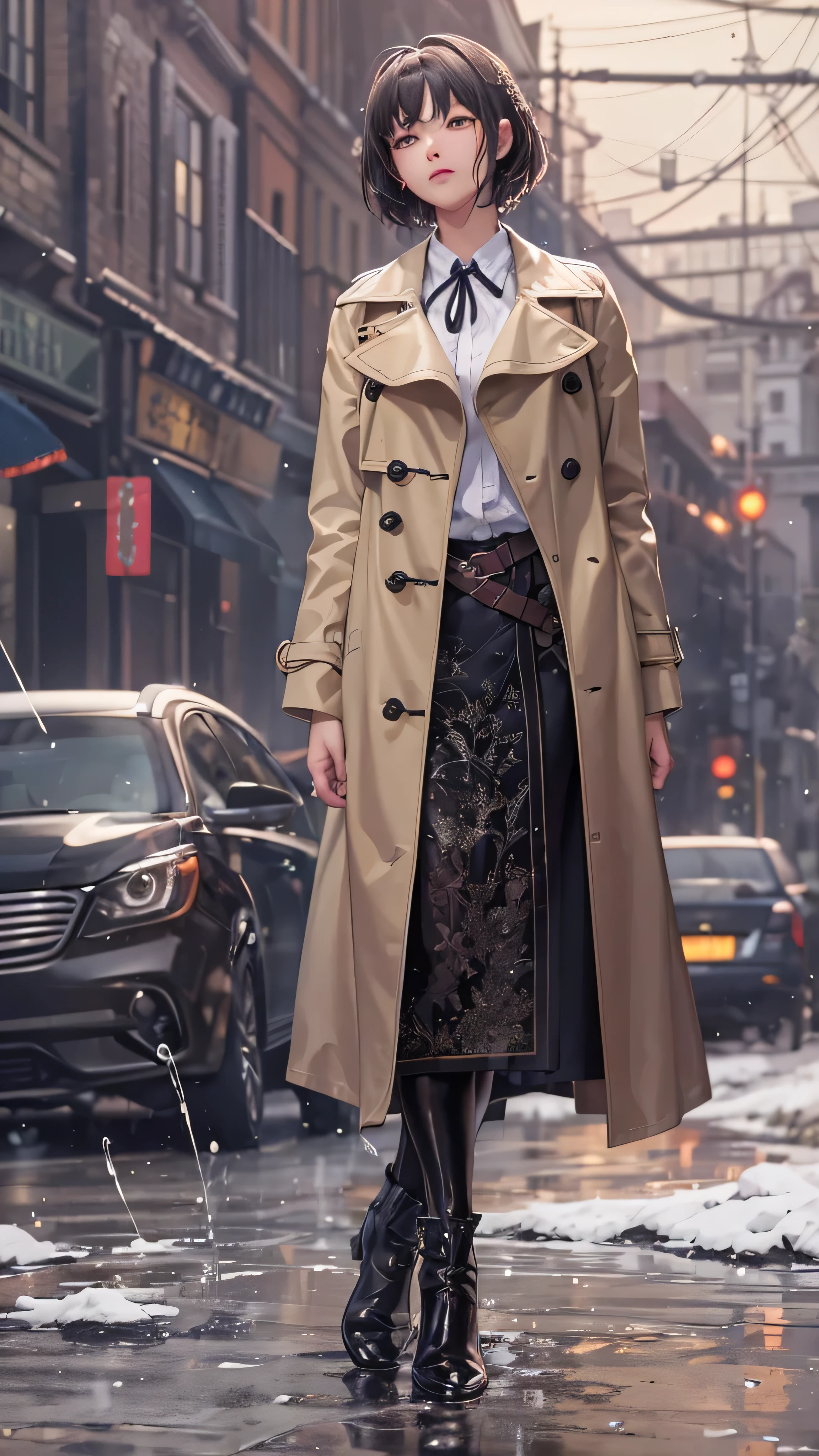 There is a woman walking down the street in a trench coat - SeaArt AI