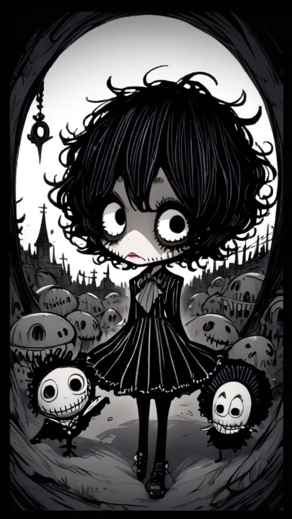 , pobres, Beggar, tied up hair, art style drawing gothic tim burton, portraite, semi-realistic