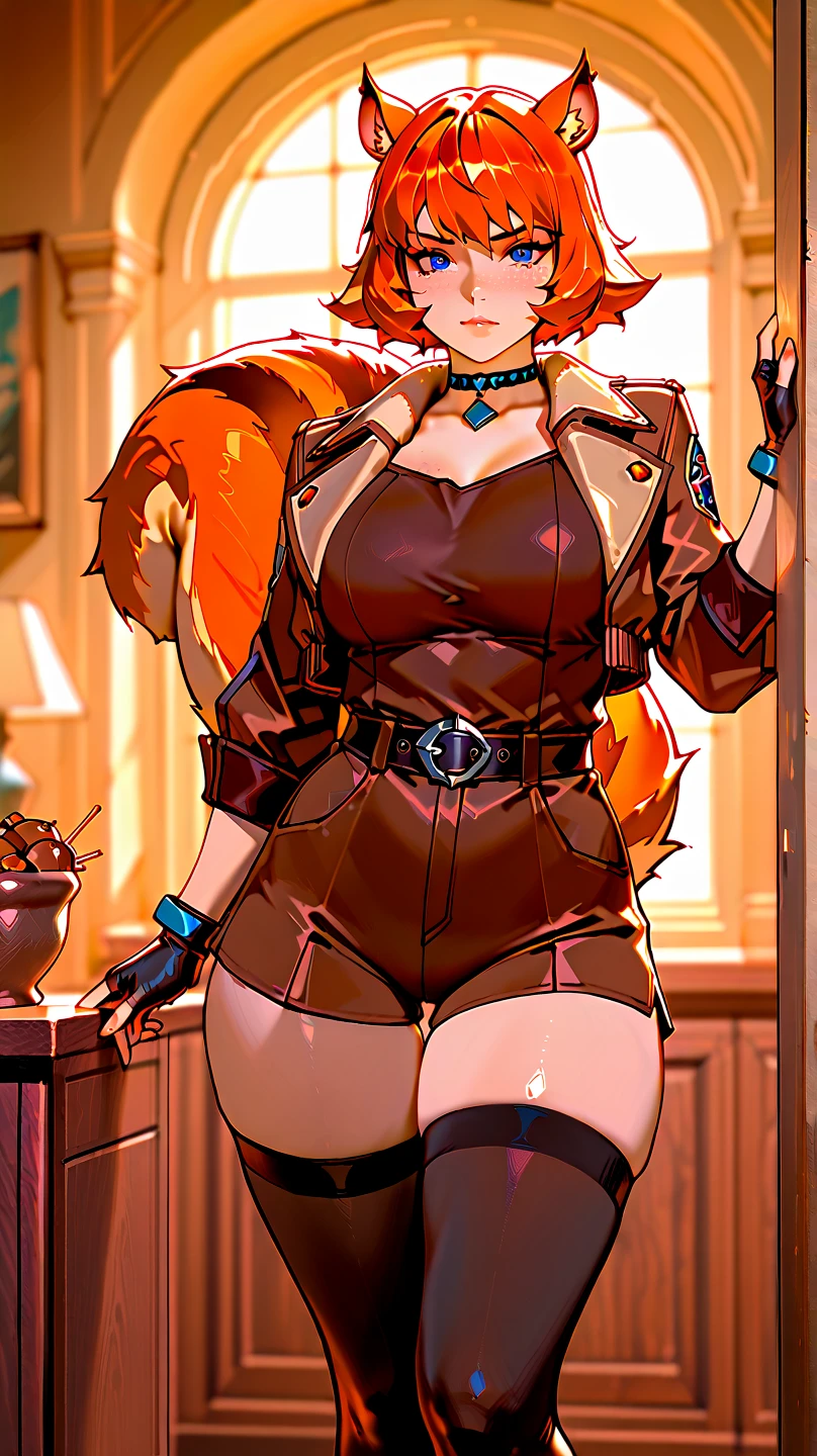 Female, long messy red hair, black cat ears on head, red eyes, blush, large chest, cleavage, red gem, nipples, black shorts, thicc waist, thicc thighs, red boots, red cape, red hood