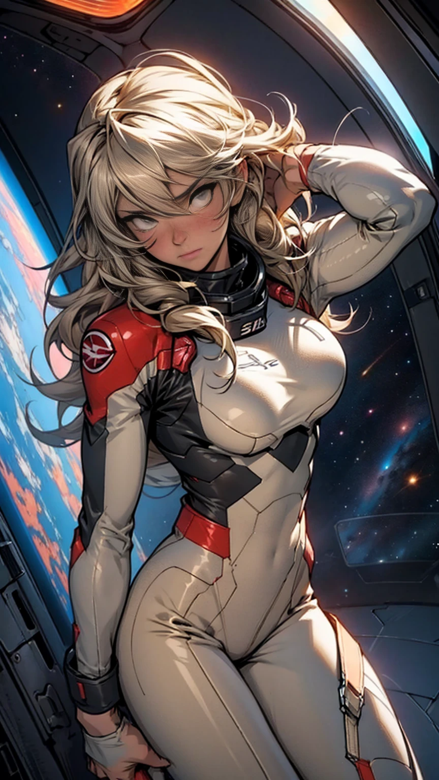 highy detailed,best qualityer,fot,LOL Poppy,absurderes, beautiful  face,(detailedeyes,deep eyes),1womanl,hair blonde,twintails,magenta eyes,小柄,Broad Hips,curved,toned muscles,(space suit),(astronaut helmet with ponytail ports, helmet glass:1.1), on the surface of the moon