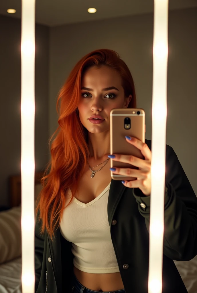 Photo d'une jeune fille redhead prenant un selfie dans sa chambre, striking a very sexy pose with her phone in front of her mirror. Elle est de corpulence moyenne. Le miroir est équipé de LED blanches. She is dressed. She is wearing a t-shirt,face is visible,skin texture,skin pores,8K image,large breasts.