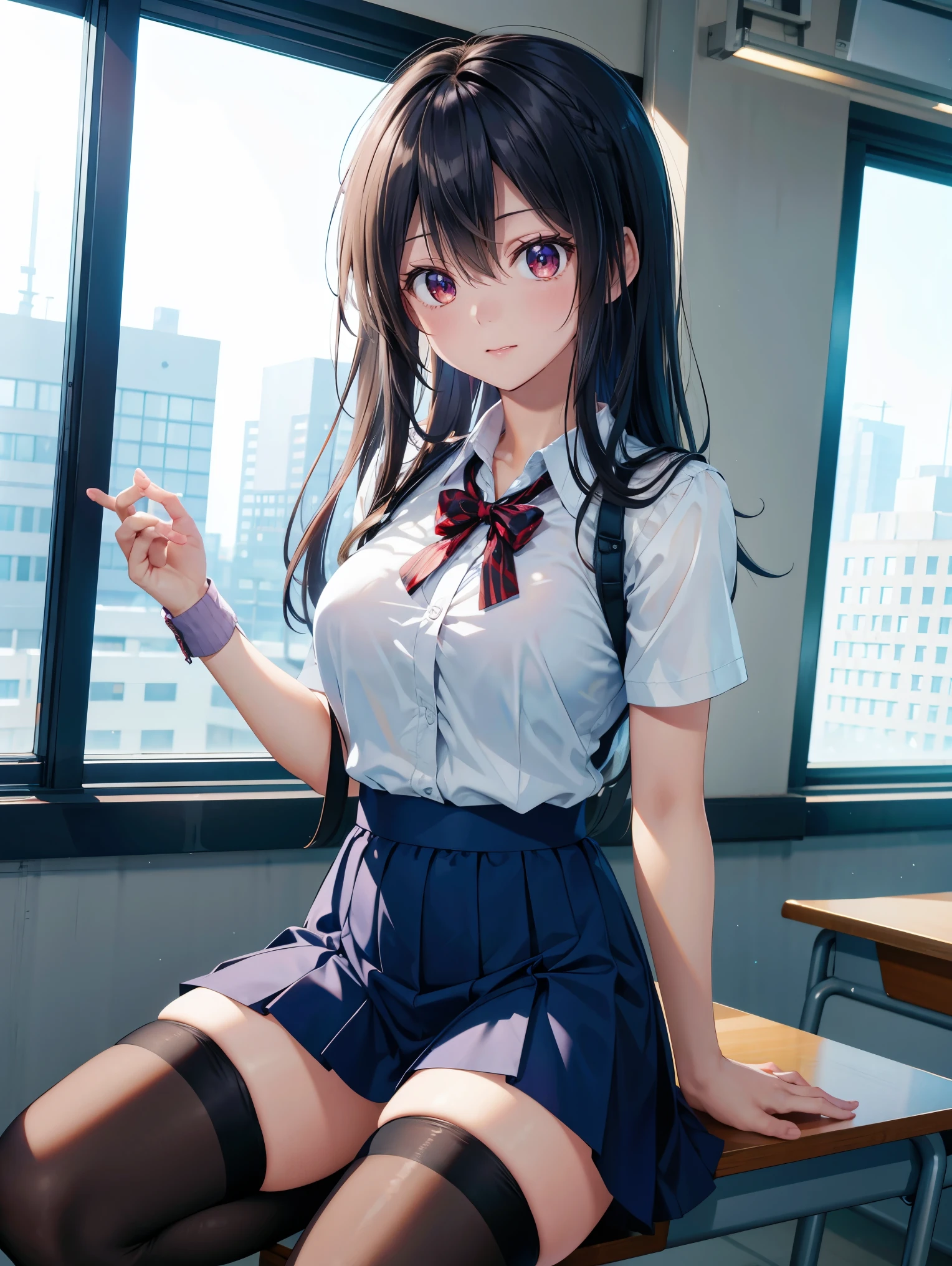 very cute and beautiful girl,(Very detailed美しい顔), (smile),blush,Black Hair,Seraphim,(Pleated navy blue mini skirt),Are standing,(From below),(Lacy white panties), Wooden classroom,window,Distant Tree々and the city, (Highest quality,masterpiece:1.0),Absurd,High resolution,Super detailed,Very detailed,32k,8K resolution, Intricate details,Movie Scenes,Detailed Background,alone,Dynamic Angle,
