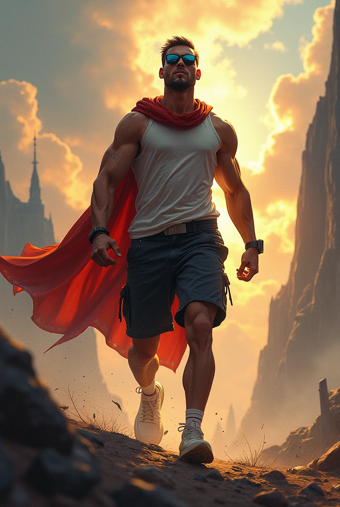 silhouette of teenager flexing biceps on top of a mountain