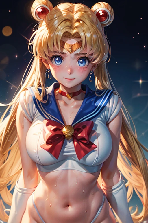masterpiece, highest quality, High Resolution, Month 1, 1 girl, alone, ((Sailor Moon:1.3)), Usagi Tsukino, blonde, Magical girl, blue eyes, Elbow hand pockets, tiara, ((bikini:1.5)), choker, White gloves, jewelry, Earrings, smile, The background is space (Amazing details, Excellent lighting, Wide-angle), full moon,