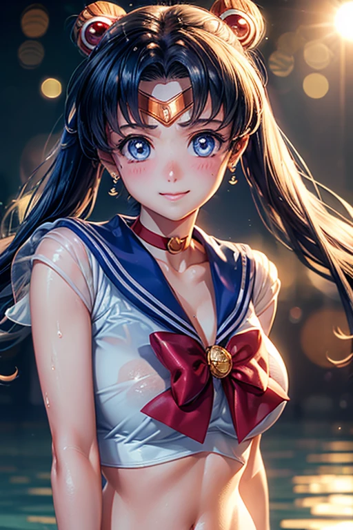 One girl, Twin tails, accessories, Earrings, accurate, chest, happiness/joy, Bright Eyes, Simple Background, Sparkle Effect, stereofuturism, 
fortune teller、Angel Halo, Long Hair, ,Heart-shaped eyes, star、Gaze, 