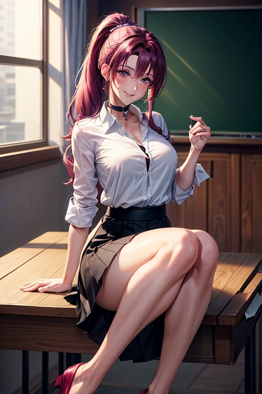anime, beautiful face, highly detailed face, 2 accurate legs detailed eyes, highly detailed background, perfect lighting, accurate arms, accurate hands, accurate fingers, full body, 1girl, solo, ruby hoshino, oshi no ko, indoors, detailed heels, black detailed thighhighs, indoors, in the office, absurdres, high res, ultrasharp, 8K, masterpiece, looking at viewer, (full body:1.4), smiling with compassion, open mouth smile, holding paperwork, tight skirt, office uniform, unbuttoned shirt, detailed shirt, cleavage, standing, body facing away from viewer, ass view, view from behind, looking over her shoulder