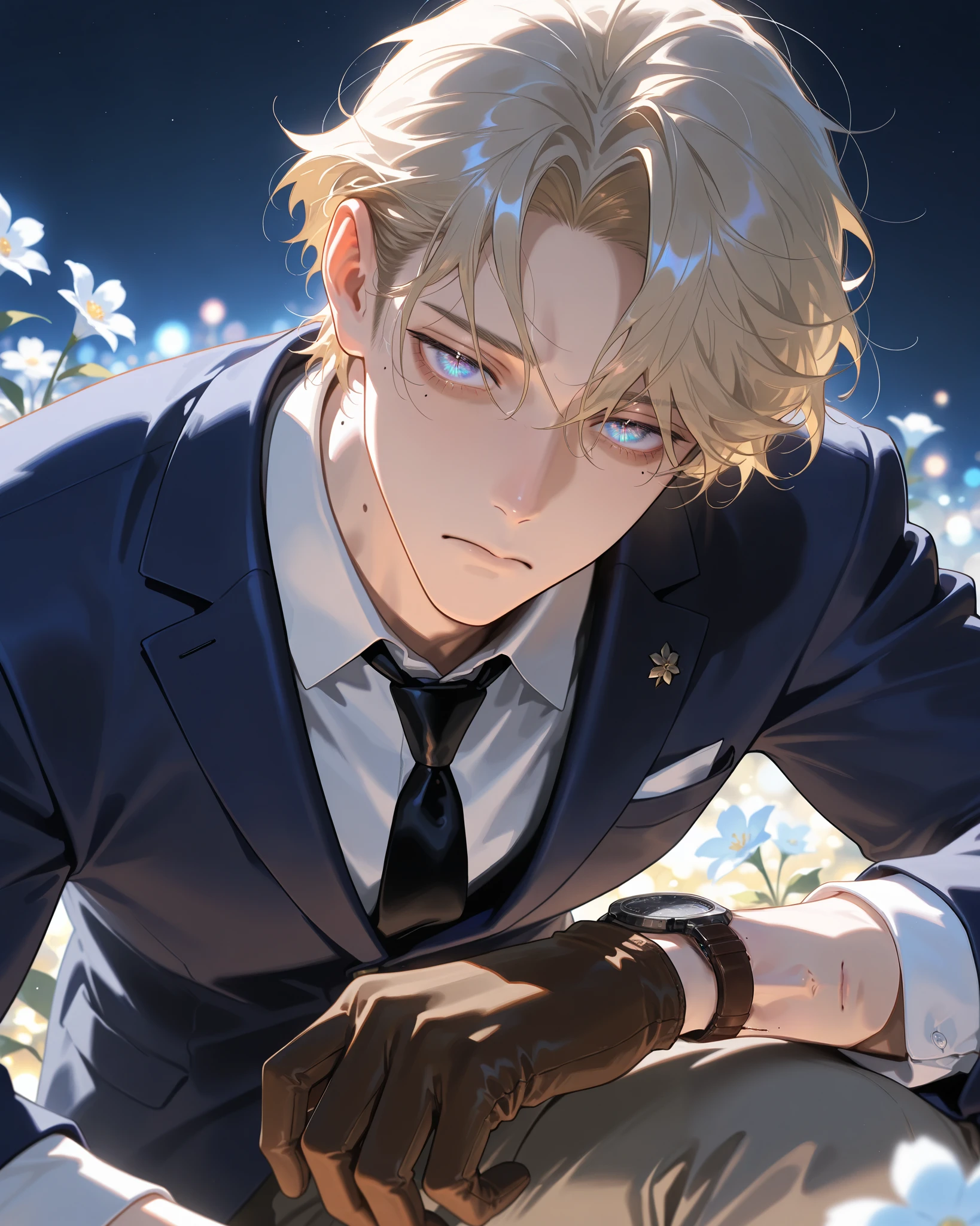 masterpiece, best quality, detailed face, detailed eyes, 1 man, solo, masculine body, wide shoulders, masculine face, handsome, 30 years old, light makeup, tired eyes, eyebags, slight wrinkle, calm, frown, mature, mole under left eye,
colorful eyes, bright cyan eyes, short hair, blonde hair, somewhat messy hair, parted bangs, dark blue blazer outer, white collared shirt inner, black tie, kerchief in shirt pocket, expensive wristwatch on left hand, robotic neck, brown gloves, light brown trousers, black loafers, white socks,
gentle snow, night, bright starry skies, trees, flowers, depth of field, bloom, looking at viewer,